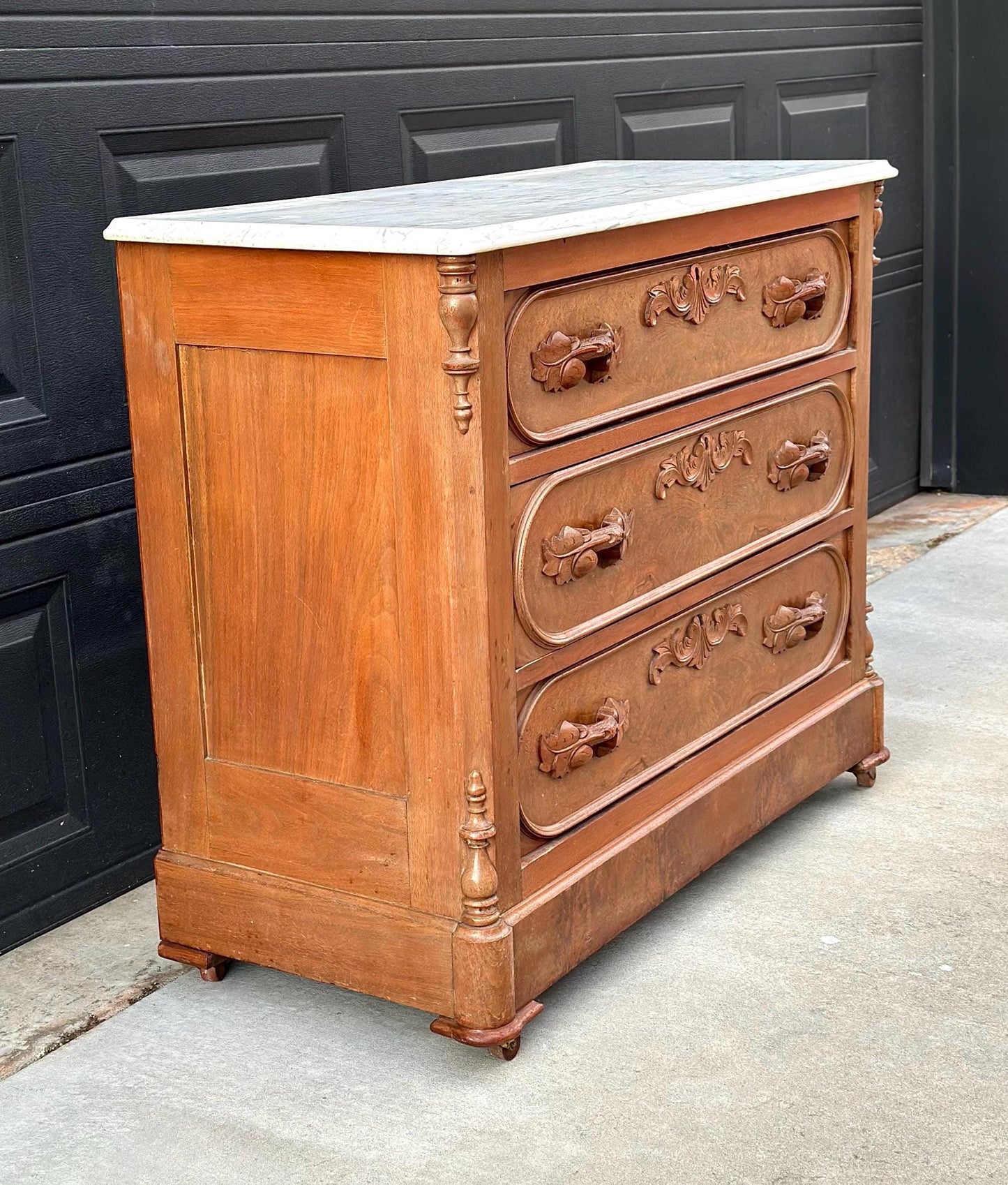 Antique Late 1800's Bookmatched Walnut Wood & White Marble Three Drawer Victorian Dresser on Casters