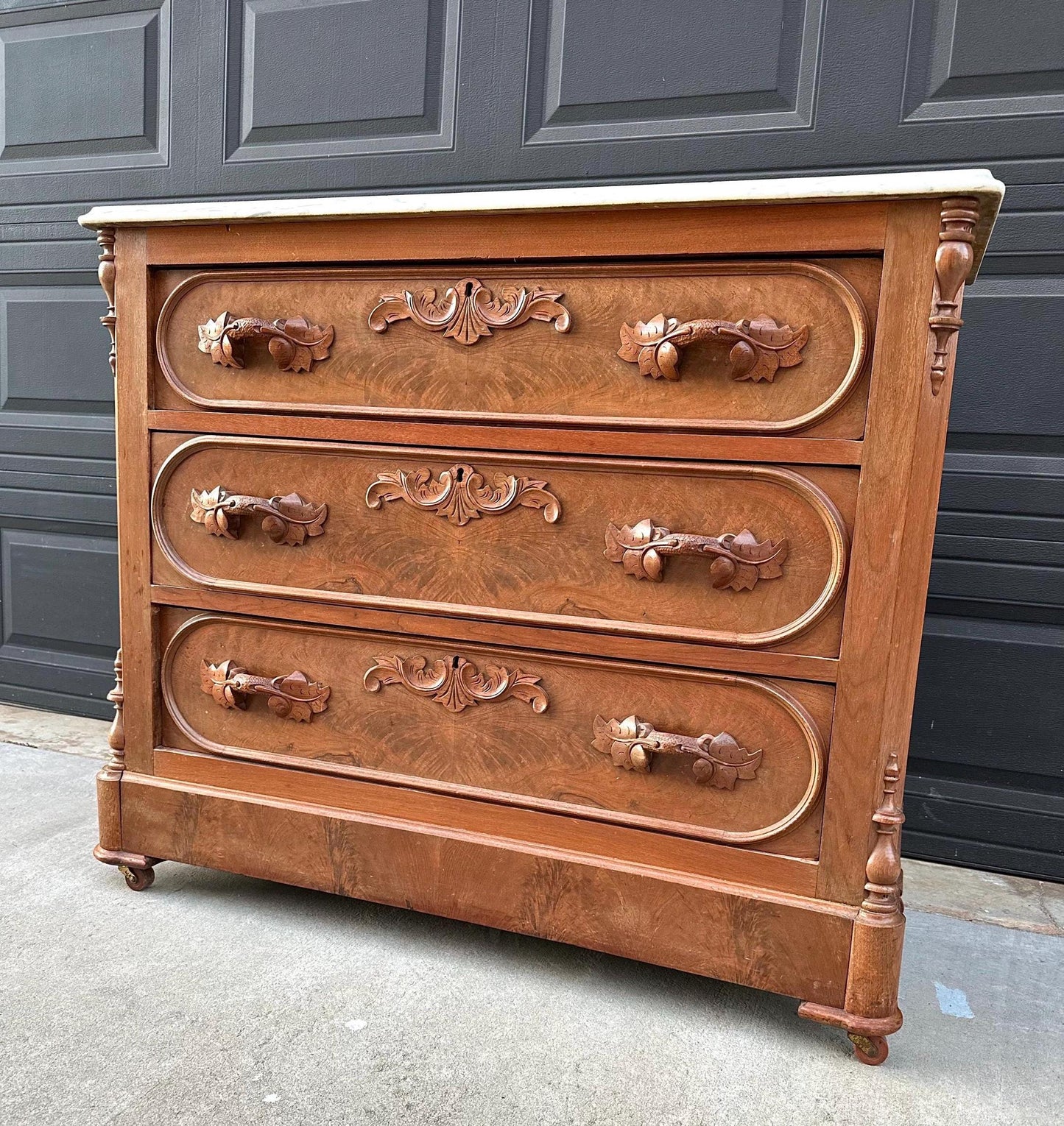Antique Late 1800's Bookmatched Walnut Wood & White Marble Three Drawer Victorian Dresser on Casters