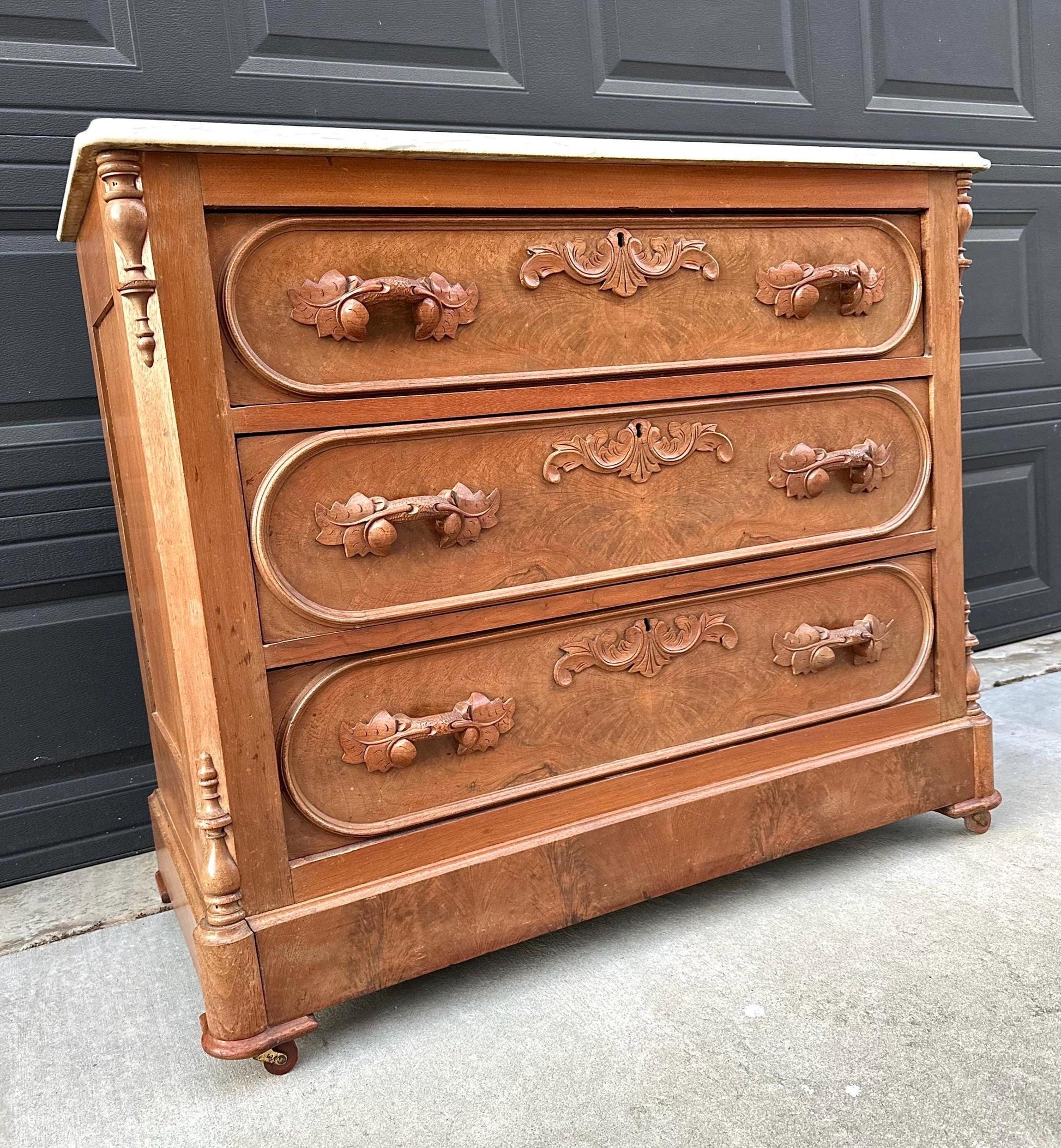 Antique Late 1800's Bookmatched Walnut Wood & White Marble Three Drawer Victorian Dresser on Casters