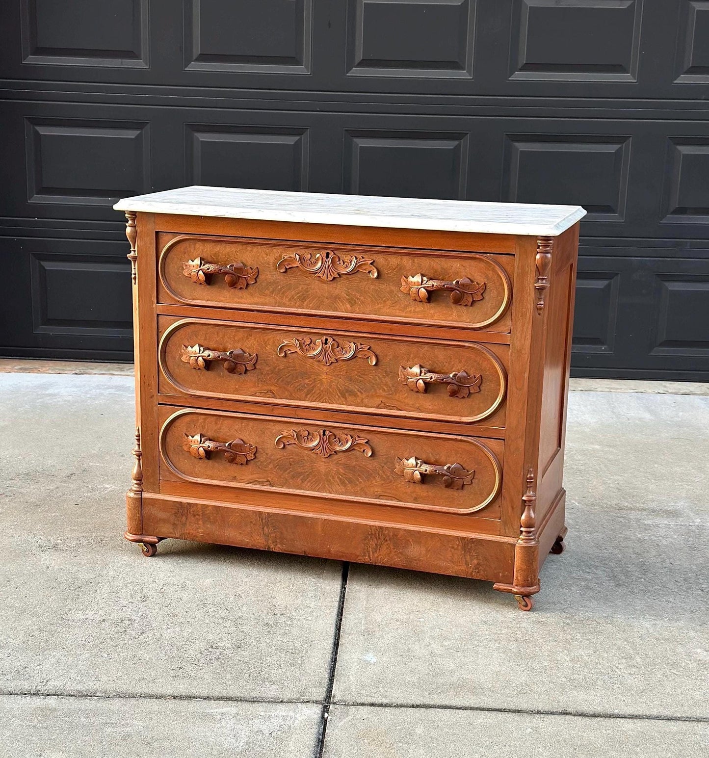 Antique Late 1800's Bookmatched Walnut Wood & White Marble Three Drawer Victorian Dresser on Casters