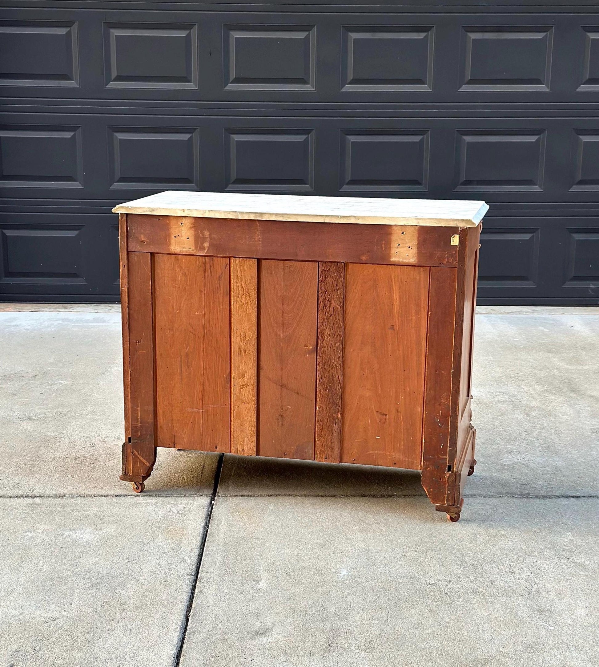 Antique Late 1800's Bookmatched Walnut Wood & White Marble Three Drawer Victorian Dresser on Casters