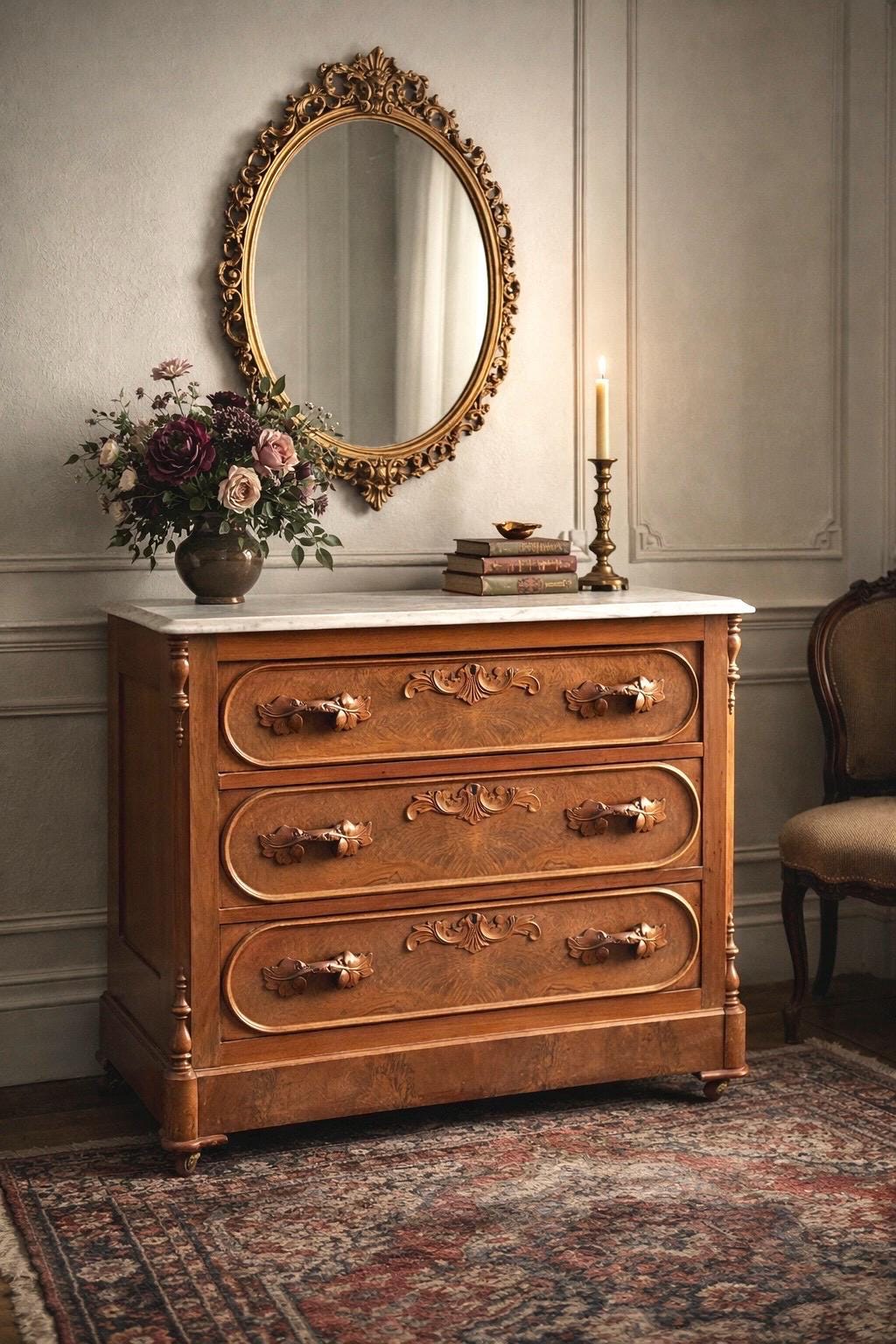 Antique Late 1800's Bookmatched Walnut Wood & White Marble Three Drawer Victorian Dresser on Casters