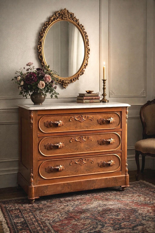 Antique Late 1800's Bookmatched Walnut Wood & White Marble Three Drawer Victorian Dresser on Casters