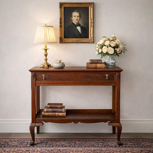 Antique Early 1900's Solid Wood Open Shelf Mahogany Console Server Table with Drawer
