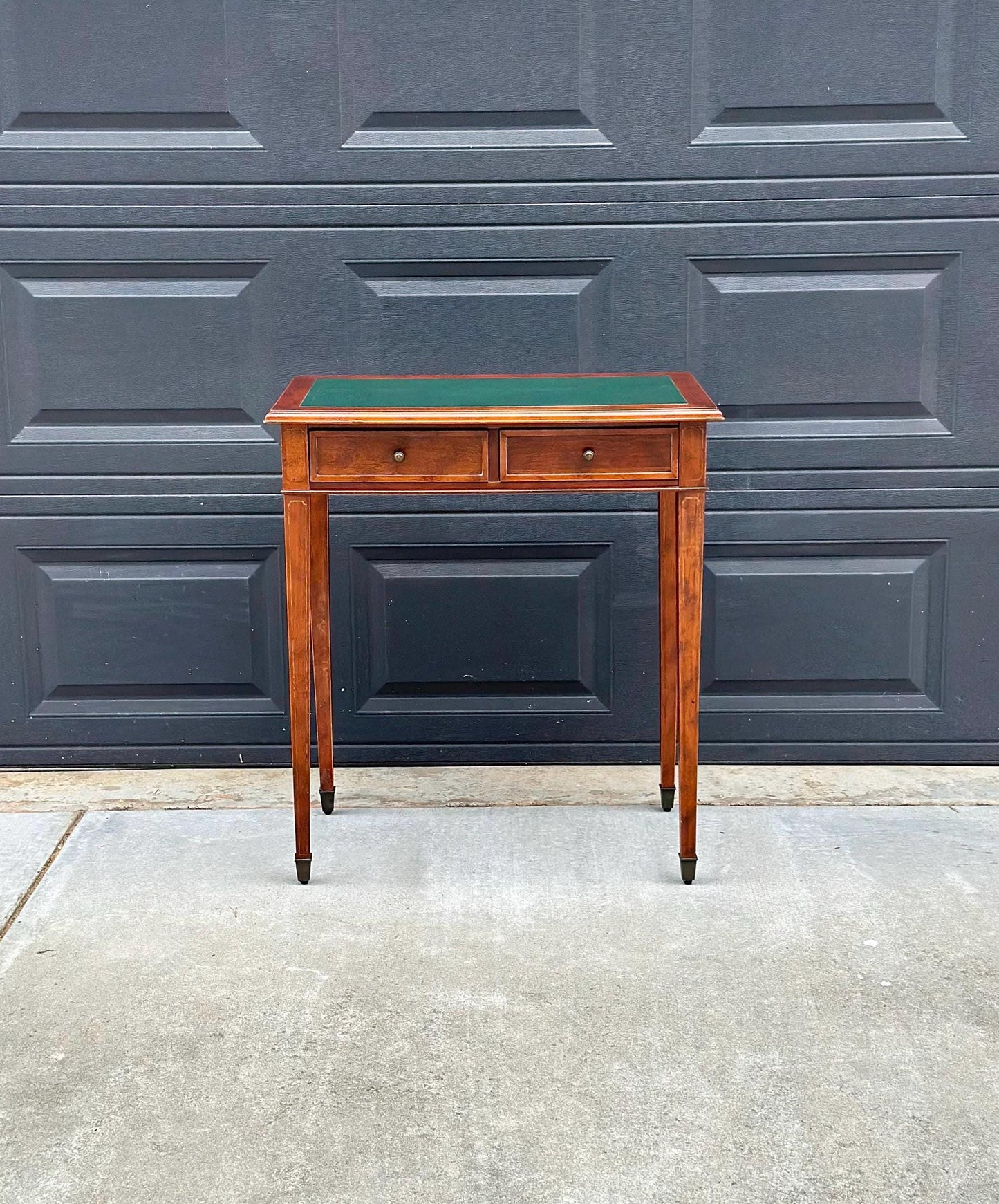 Vintage Late 1900's Green Leather Console Mahogany Wood Accent Table with Drawers