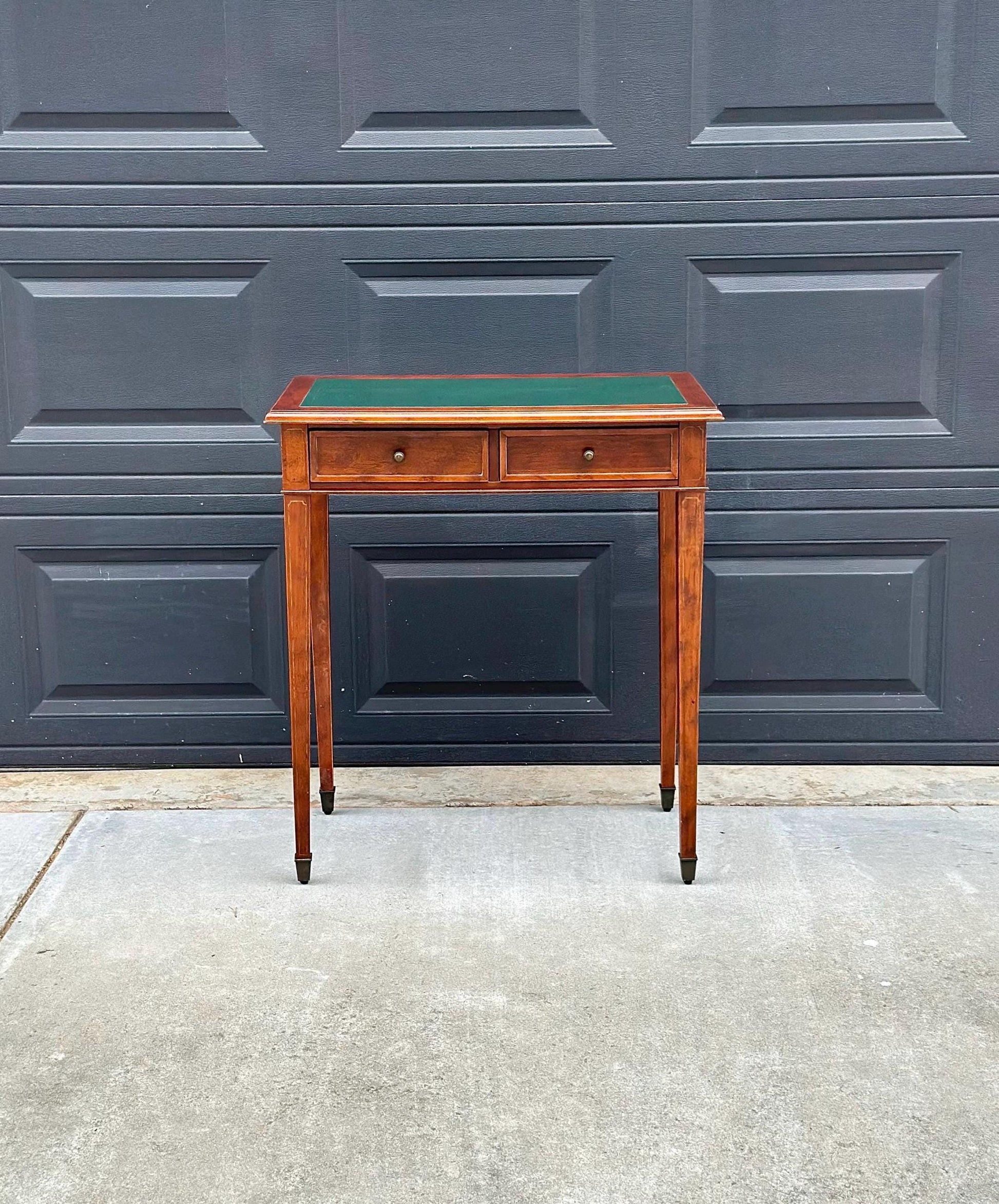Vintage Late 1900's Green Leather Console Mahogany Wood Accent Table with Drawers