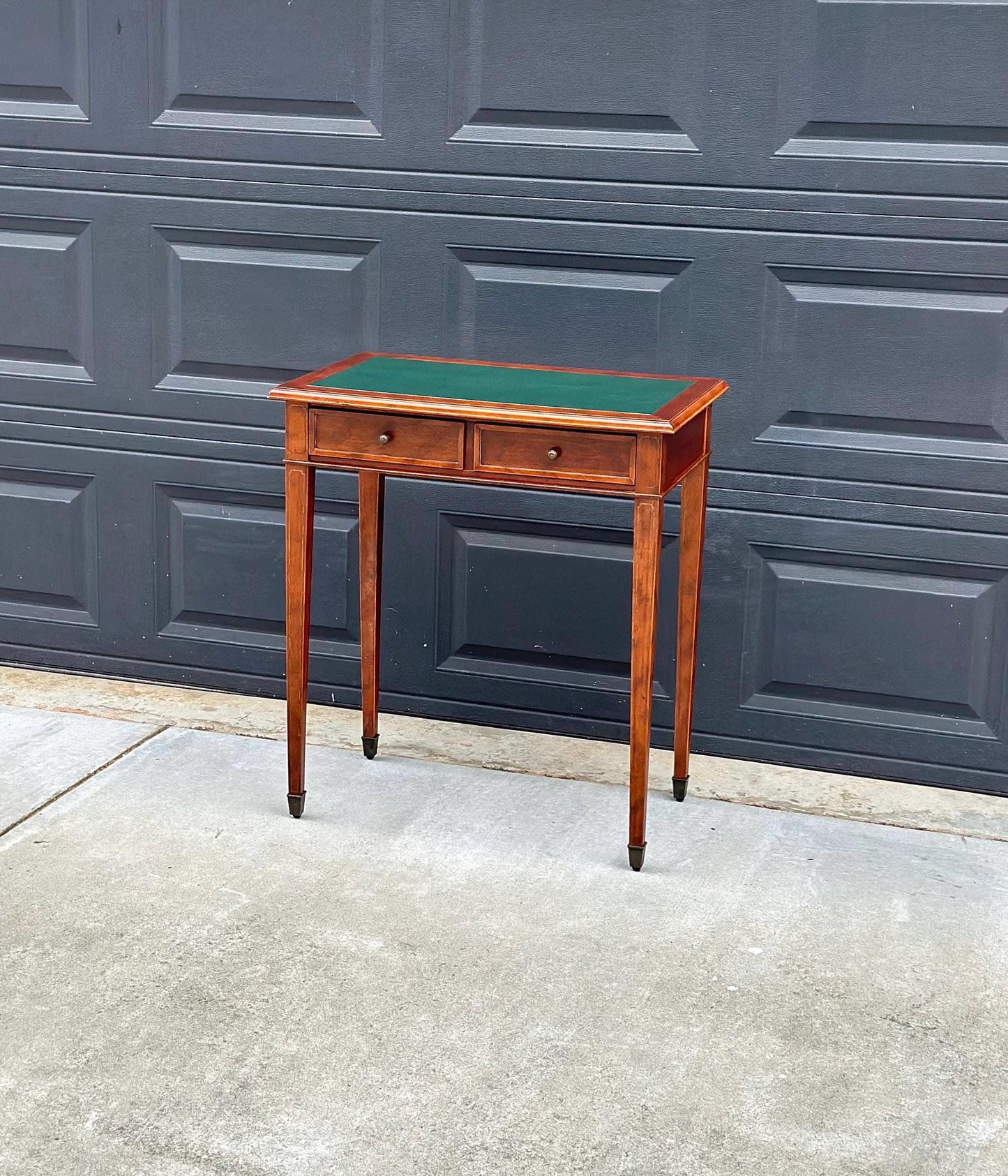 Vintage Late 1900's Green Leather Console Mahogany Wood Accent Table with Drawers
