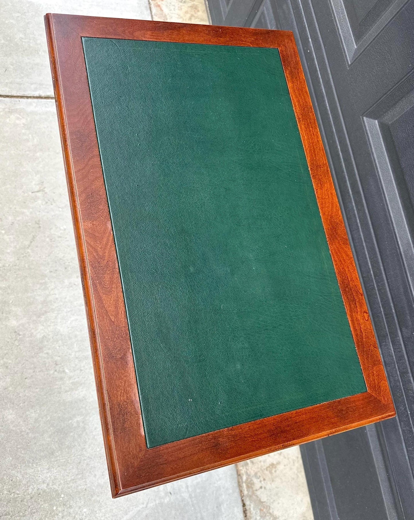 Vintage Late 1900's Green Leather Console Mahogany Wood Accent Table with Drawers