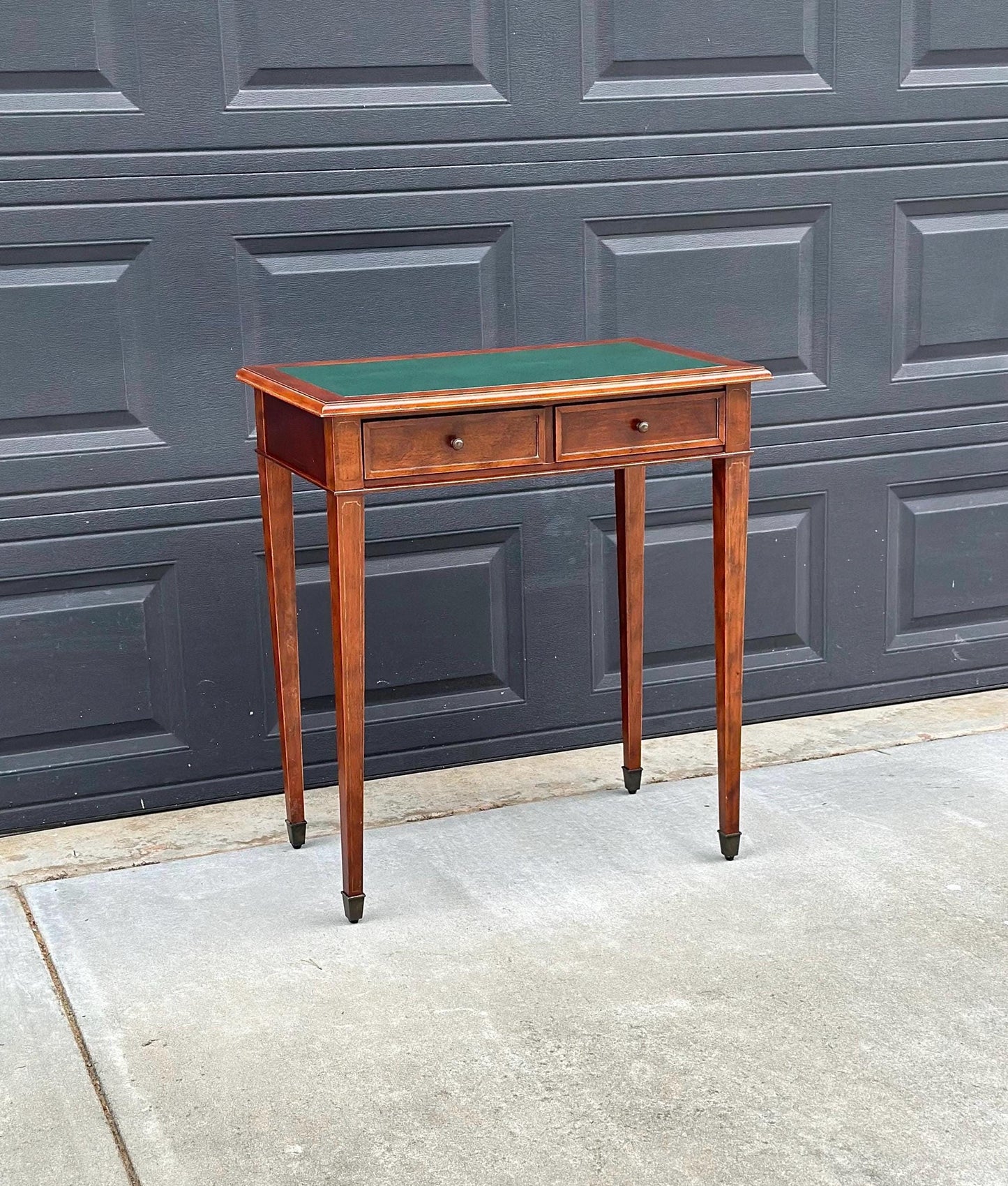 Vintage Late 1900's Green Leather Console Mahogany Wood Accent Table with Drawers