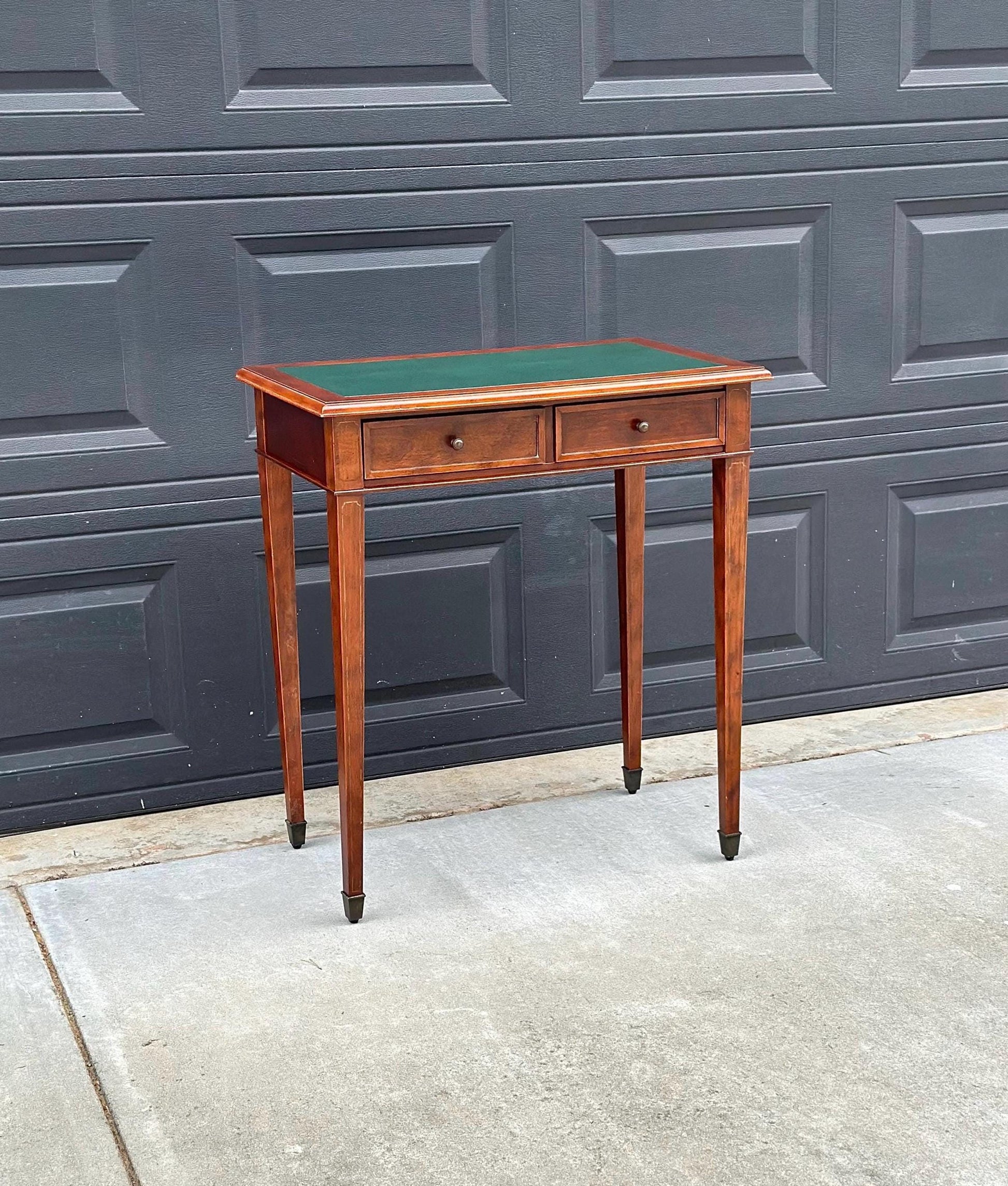 Vintage Late 1900's Green Leather Console Mahogany Wood Accent Table with Drawers