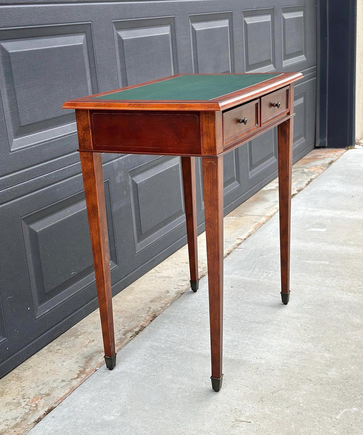 Vintage Late 1900's Green Leather Console Mahogany Wood Accent Table with Drawers