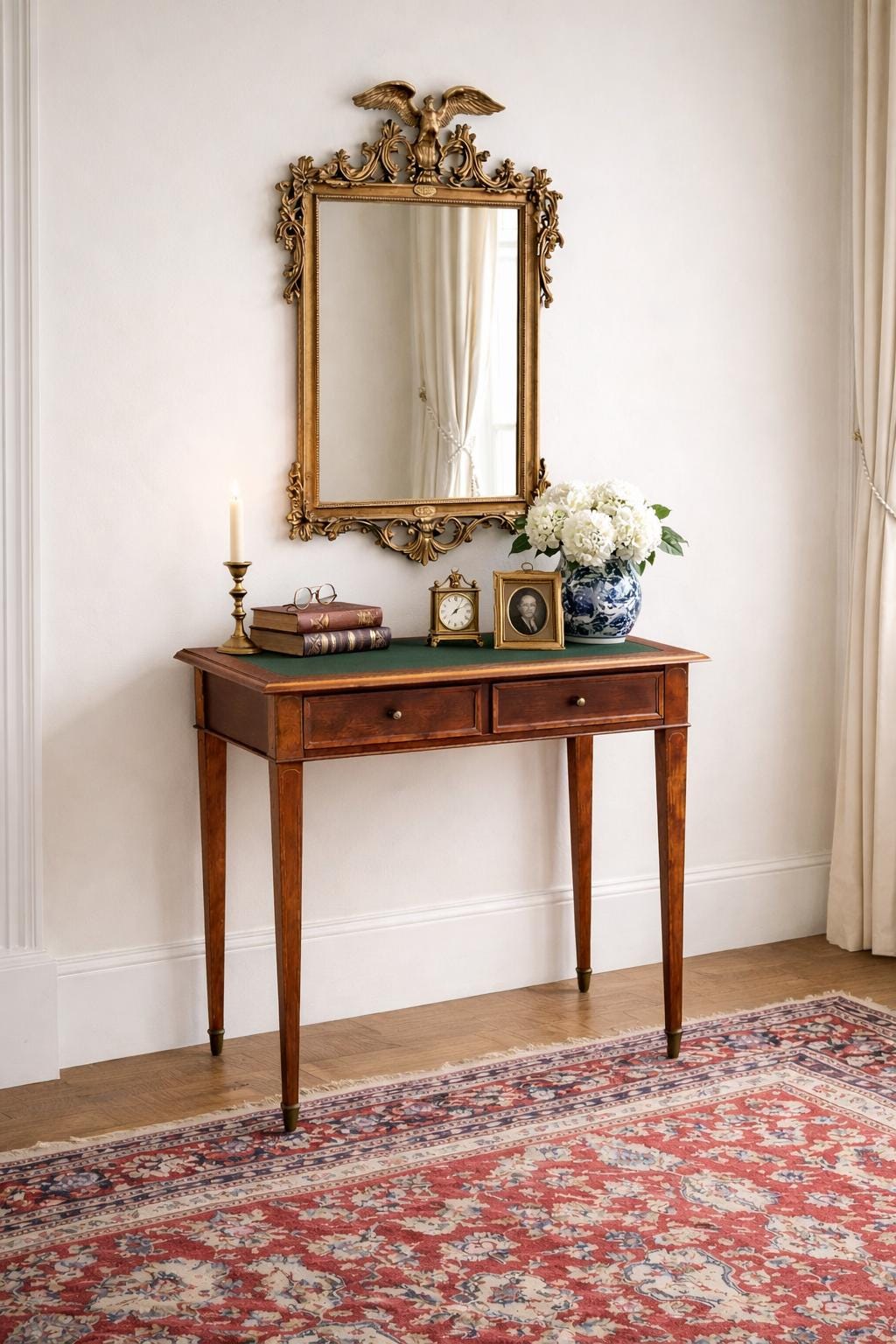 Vintage Late 1900's Green Leather Console Mahogany Wood Accent Table with Drawers