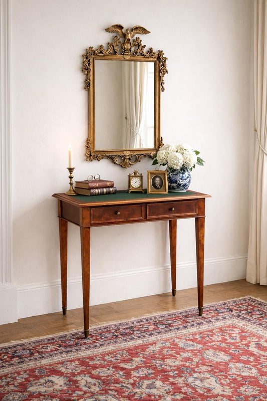 Vintage Late 1900's Green Leather Console Mahogany Wood Accent Table with Drawers