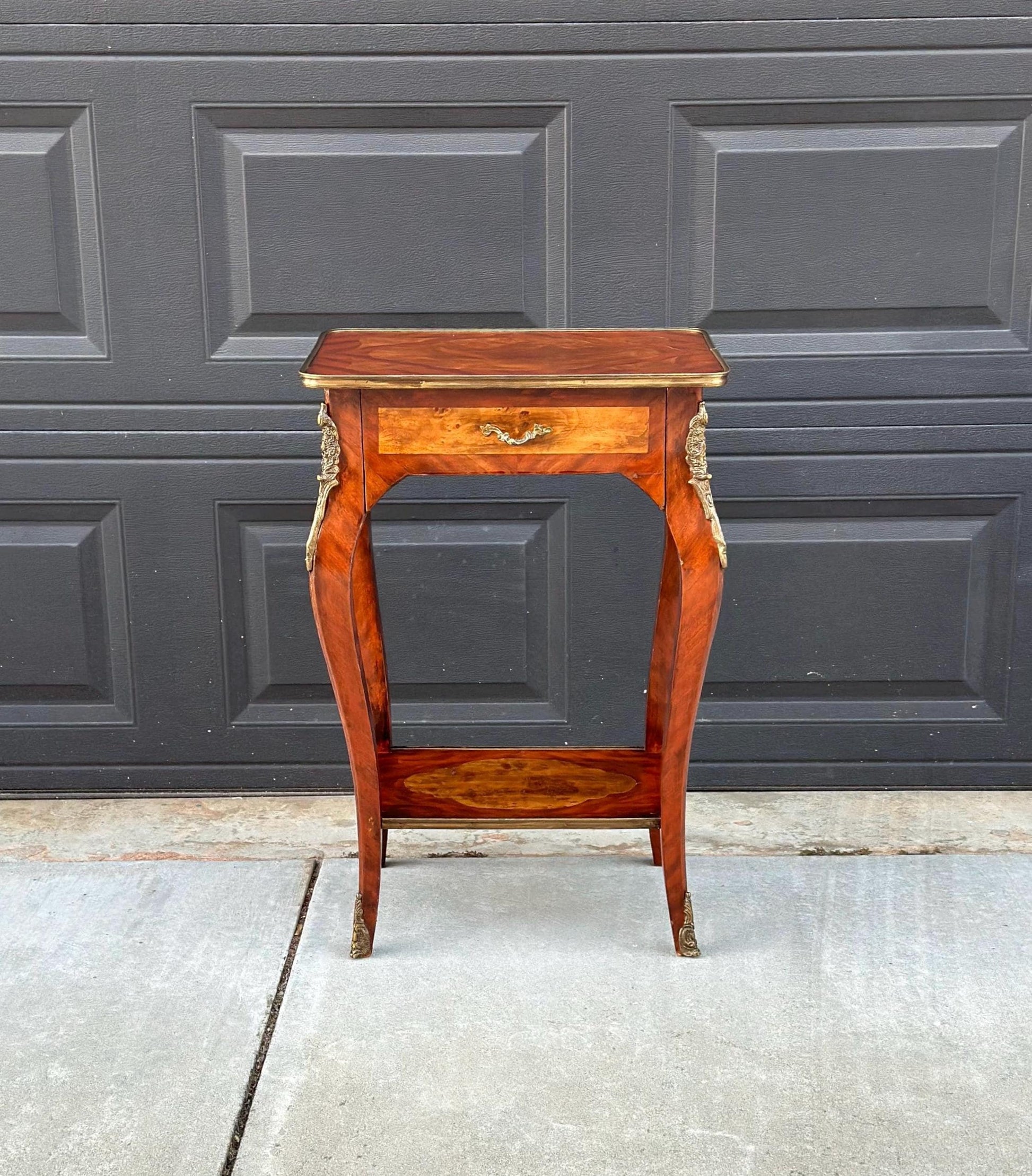 Antique Early 1900's French Inlaid Wood Burl Maple & Mahogany Single Drawer Brass Accent Table