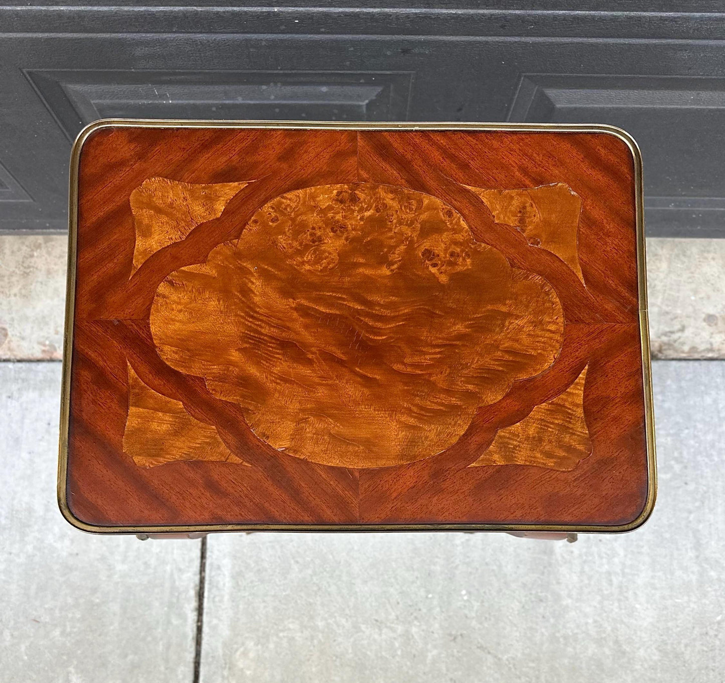 Antique Early 1900's French Inlaid Wood Burl Maple & Mahogany Single Drawer Brass Accent Table