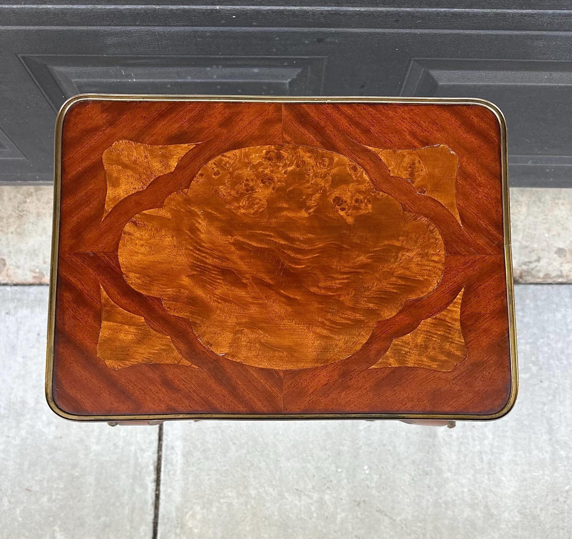 Antique Early 1900's French Inlaid Wood Burl Maple & Mahogany Single Drawer Brass Accent Table