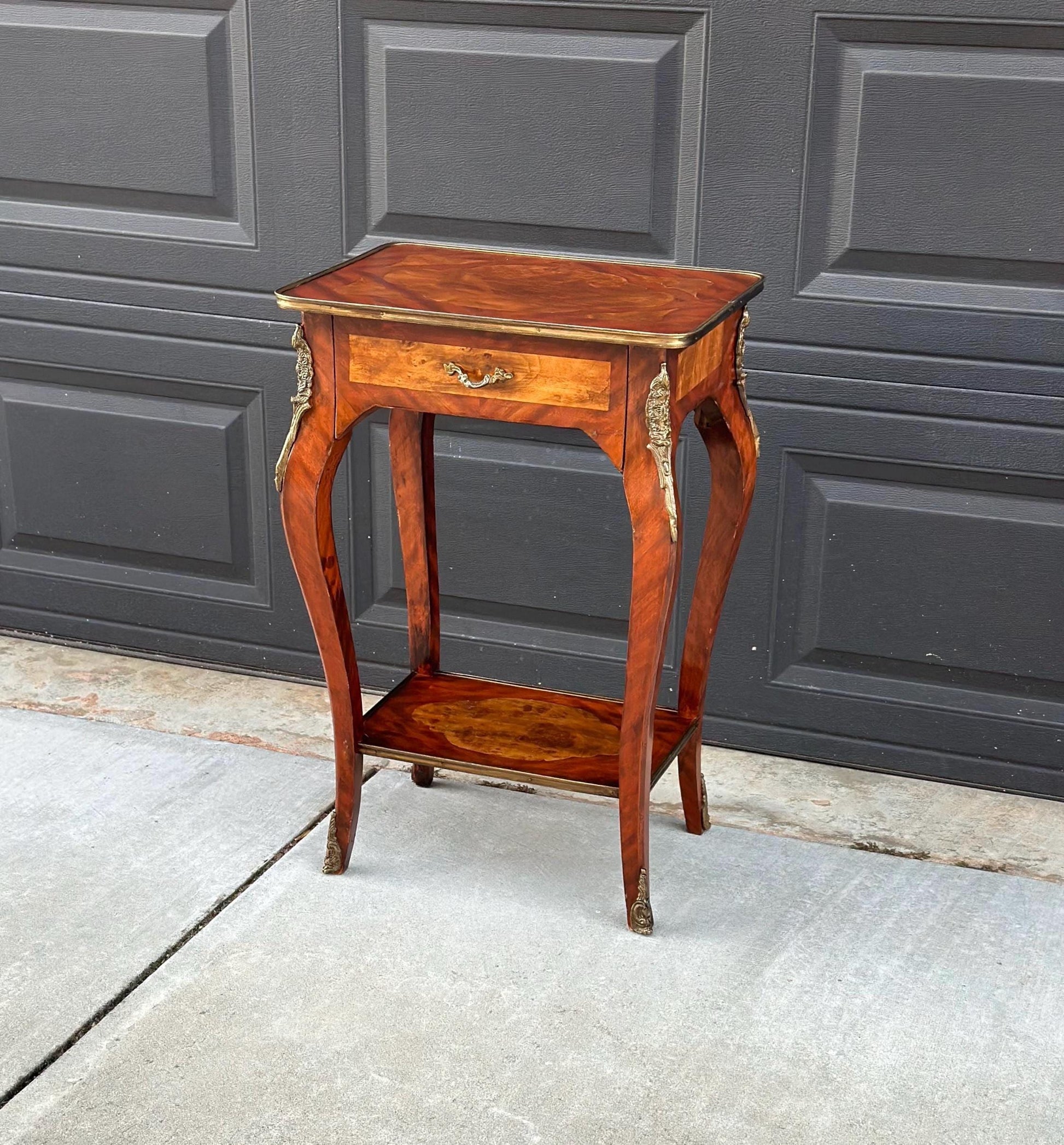 Antique Early 1900's French Inlaid Wood Burl Maple & Mahogany Single Drawer Brass Accent Table