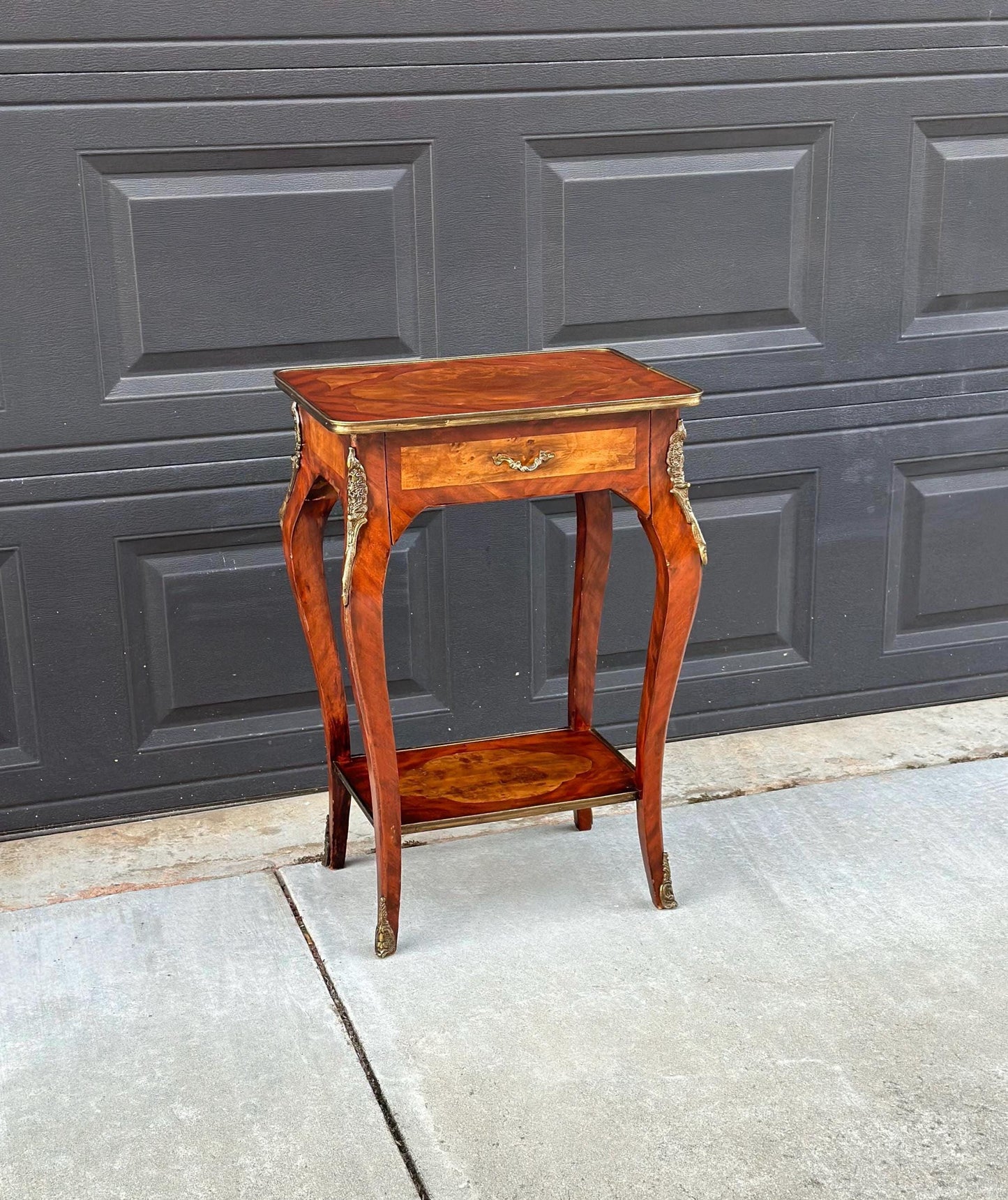 Antique Early 1900's French Inlaid Wood Burl Maple & Mahogany Single Drawer Brass Accent Table
