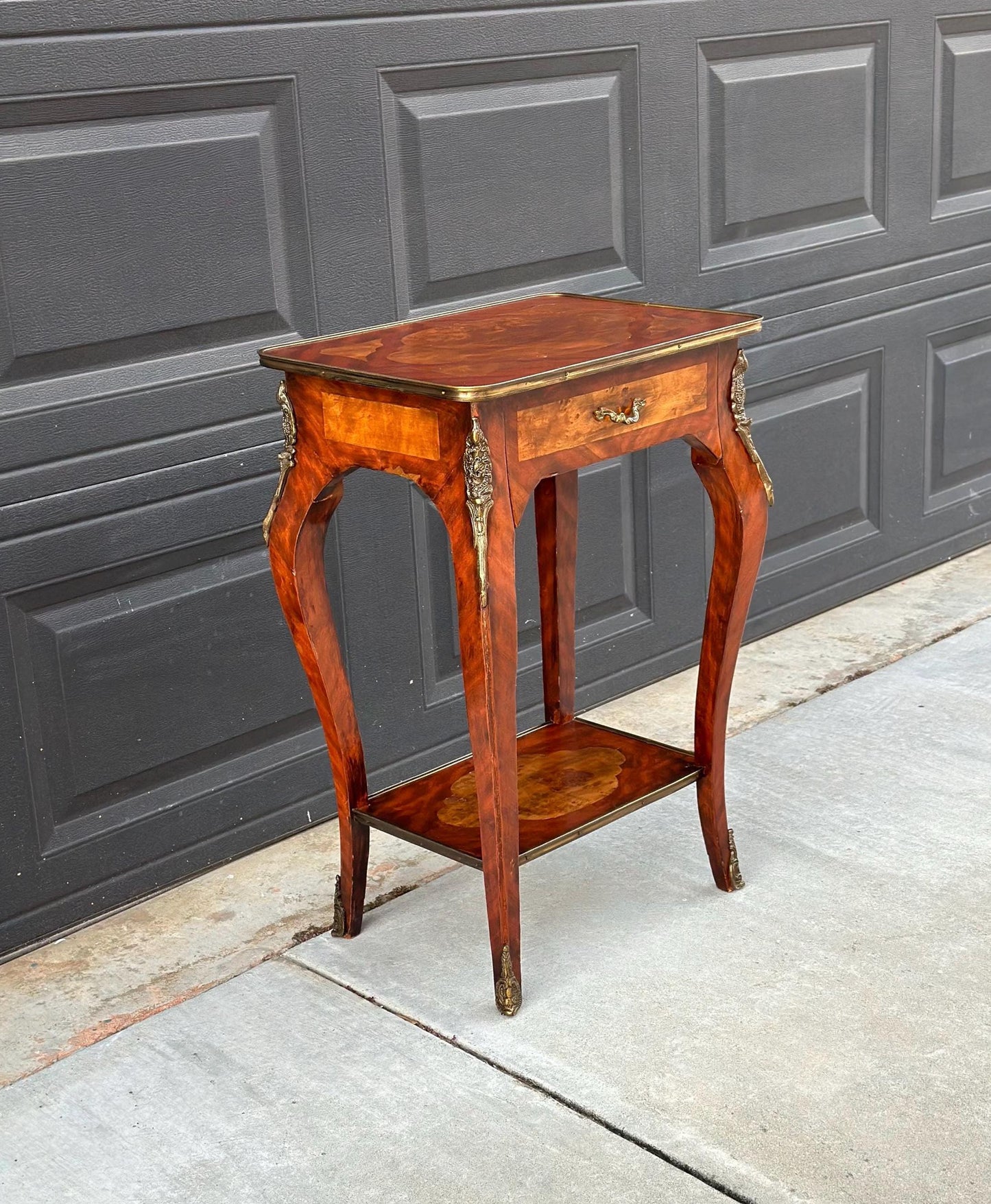 Antique Early 1900's French Inlaid Wood Burl Maple & Mahogany Single Drawer Brass Accent Table