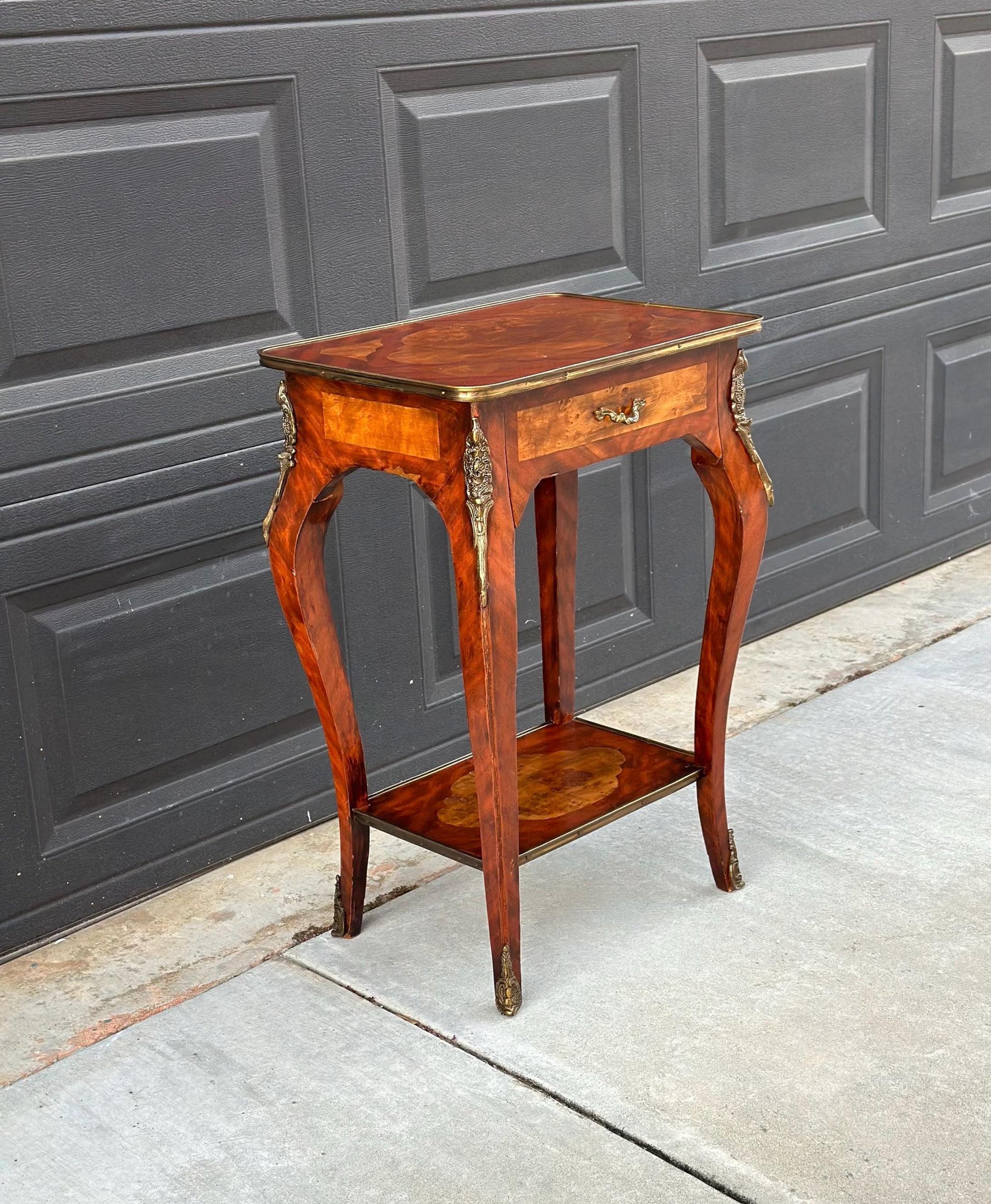 Antique Early 1900's French Inlaid Wood Burl Maple & Mahogany Single Drawer Brass Accent Table