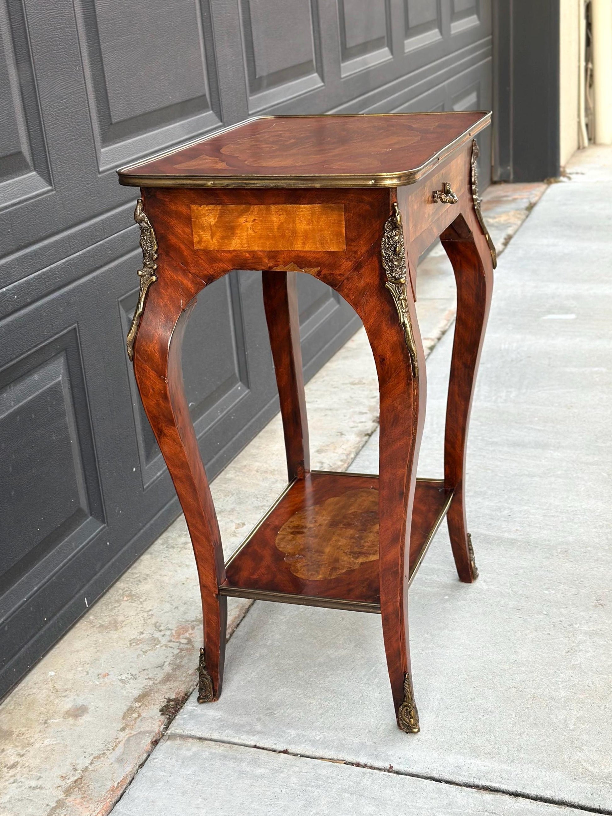 Antique Early 1900's French Inlaid Wood Burl Maple & Mahogany Single Drawer Brass Accent Table