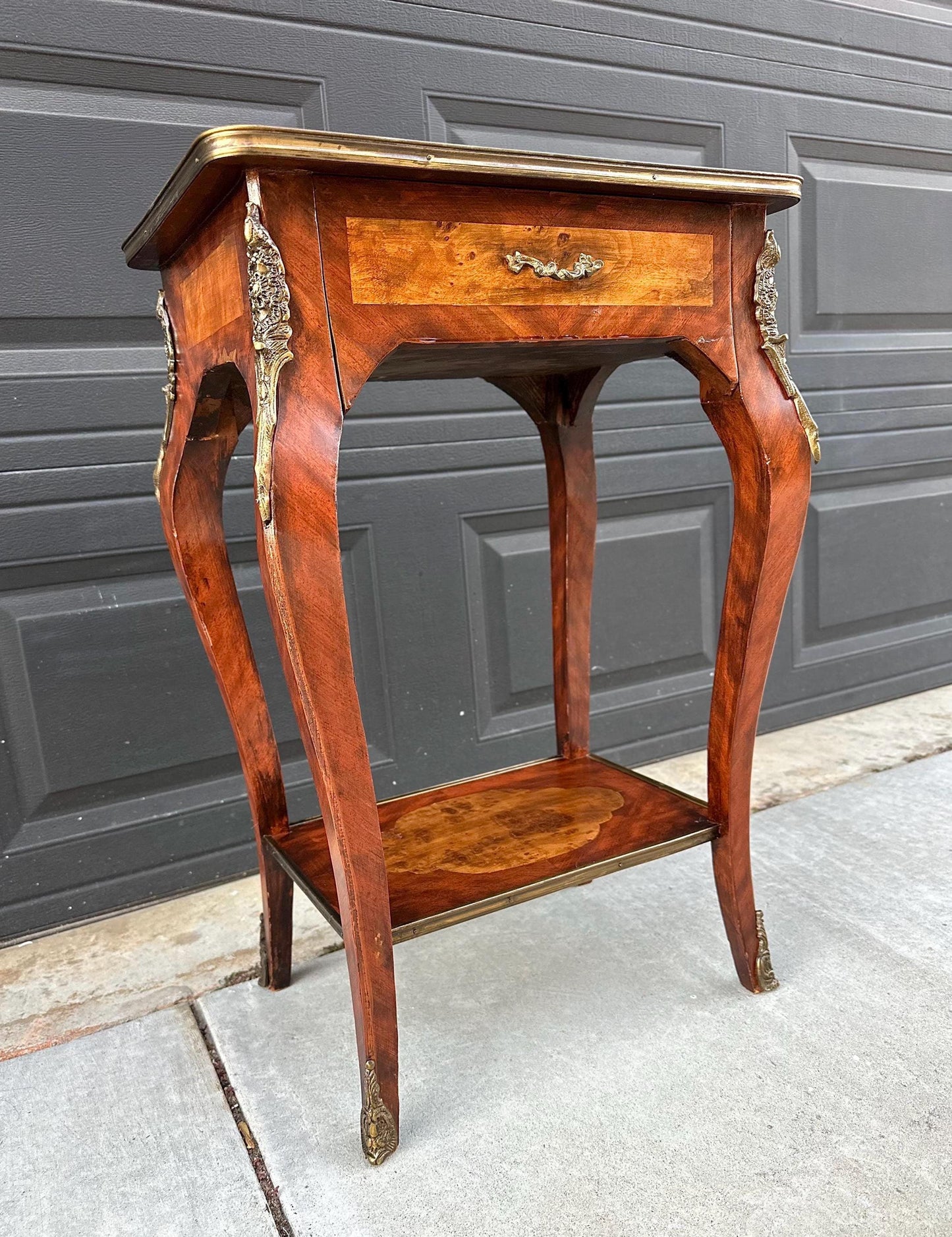 Antique Early 1900's French Inlaid Wood Burl Maple & Mahogany Single Drawer Brass Accent Table