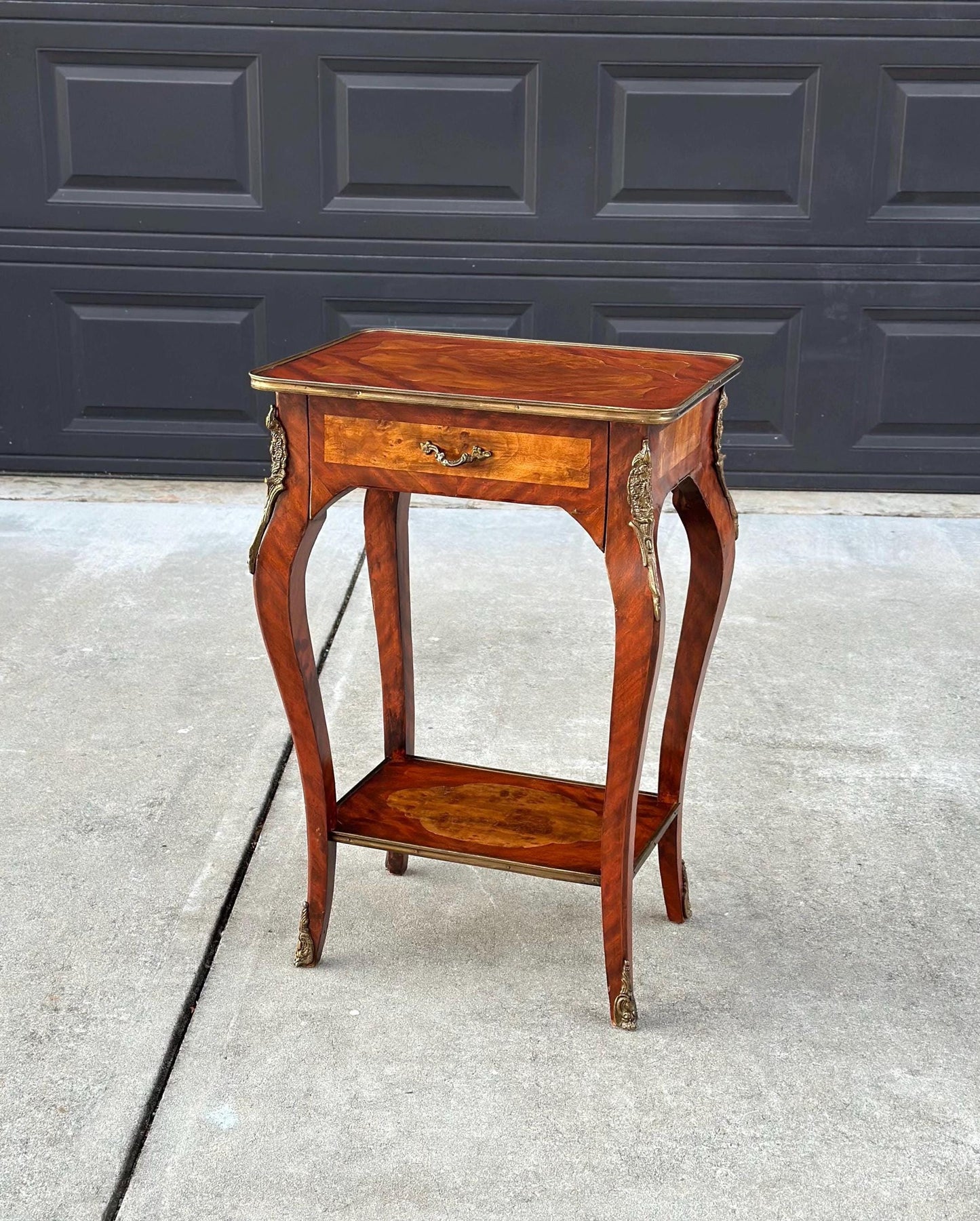 Antique Early 1900's French Inlaid Wood Burl Maple & Mahogany Single Drawer Brass Accent Table