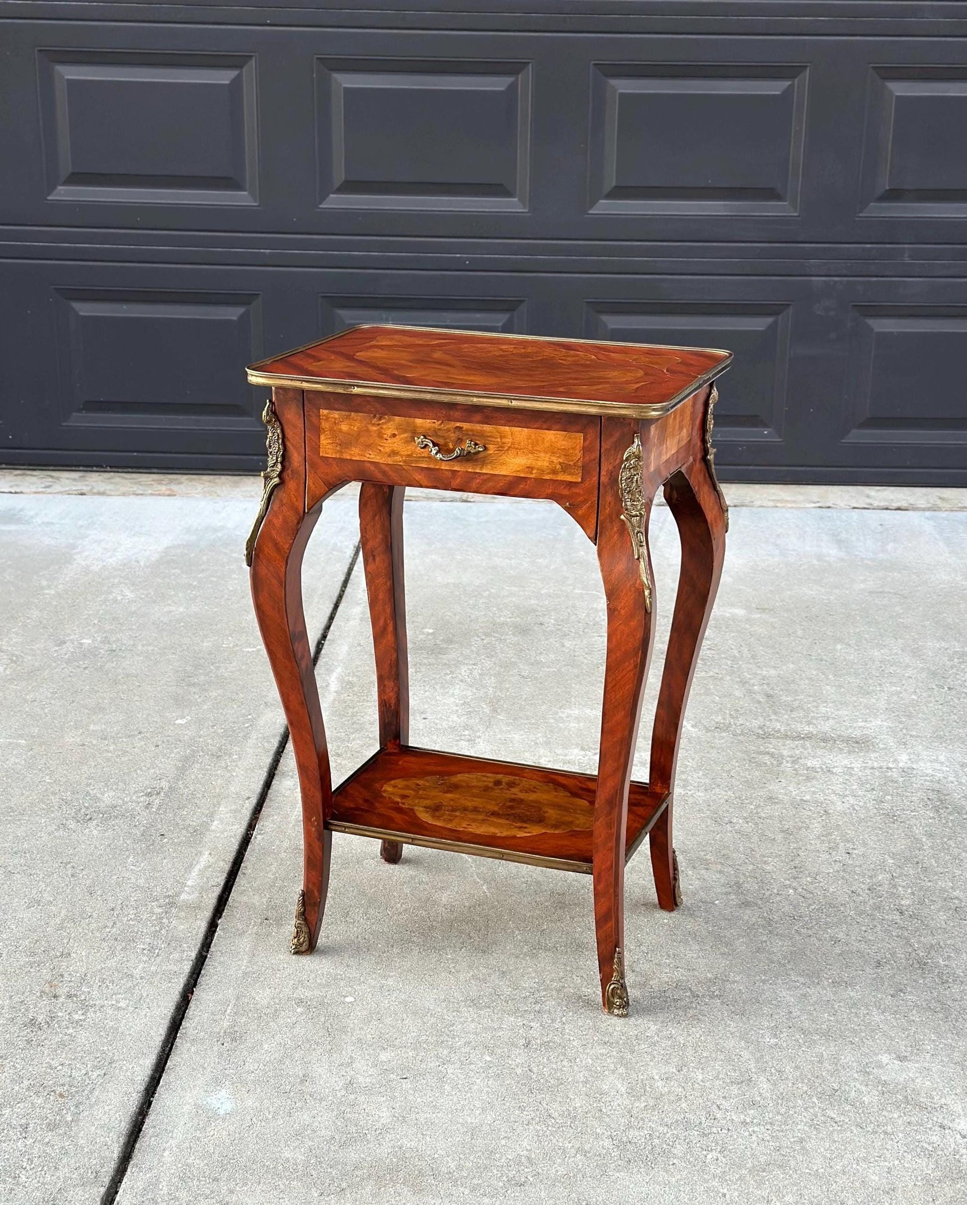 Antique Early 1900's French Inlaid Wood Burl Maple & Mahogany Single Drawer Brass Accent Table