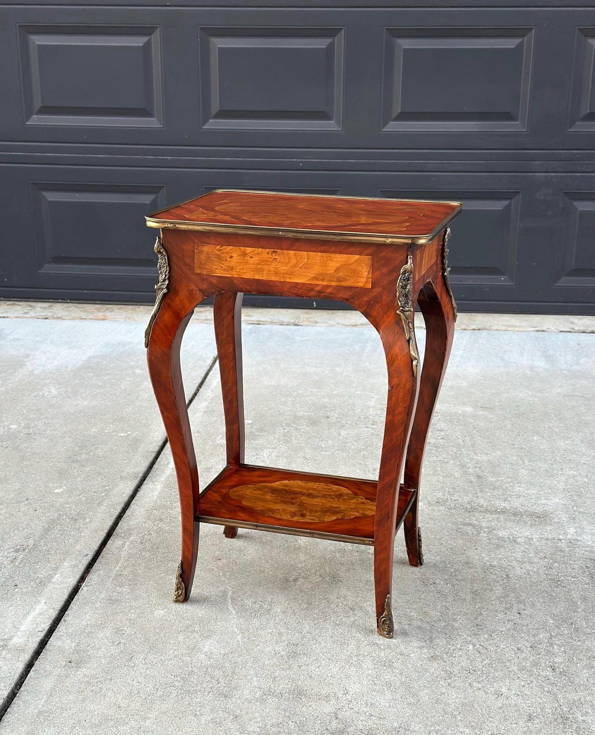 Antique Early 1900's French Inlaid Wood Burl Maple & Mahogany Single Drawer Brass Accent Table