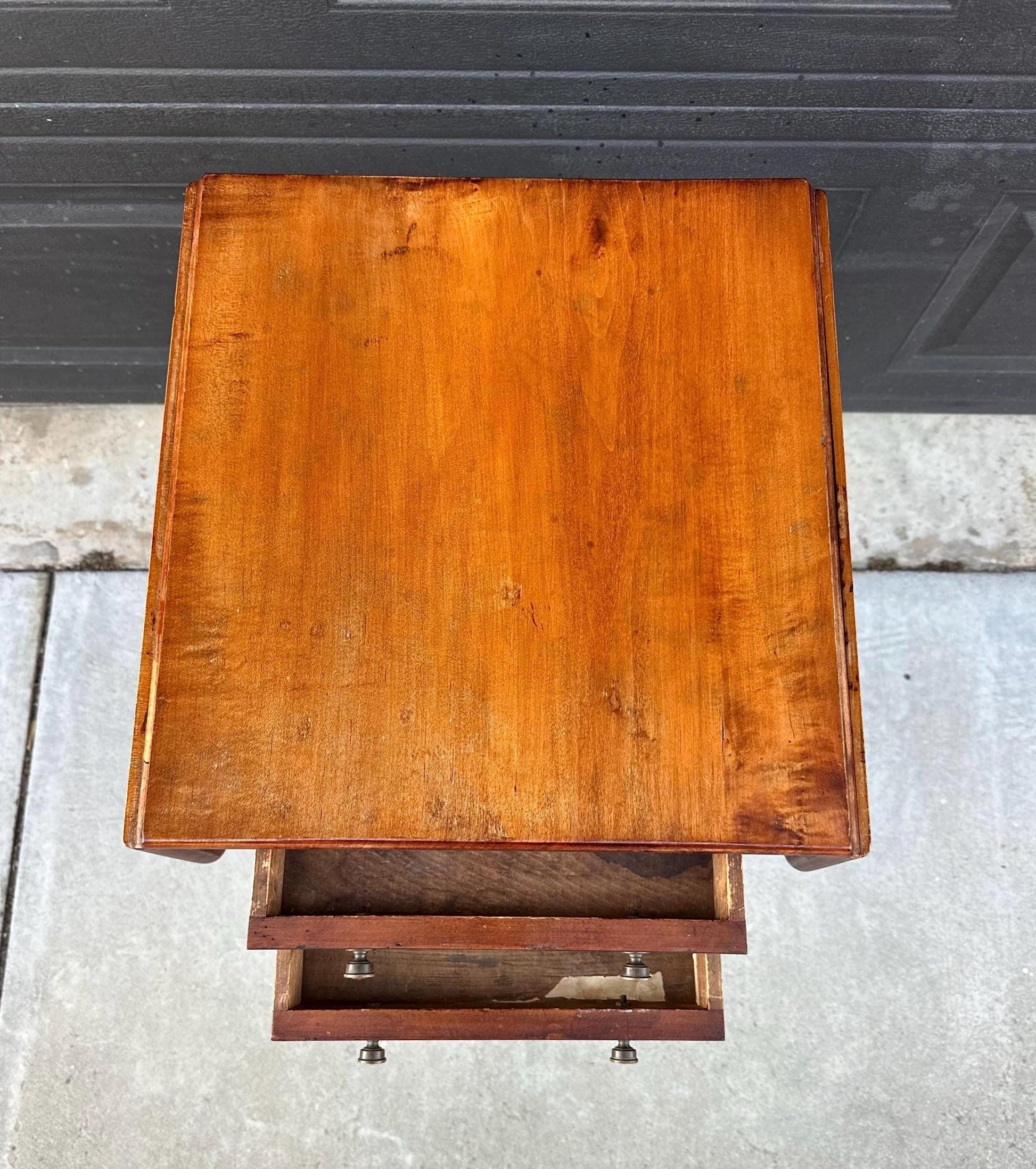 Antique Early 1900's Solid Mahogany Wood Turned Leg English Two Drawer Drop-Leaf Pembroke Accent Table
