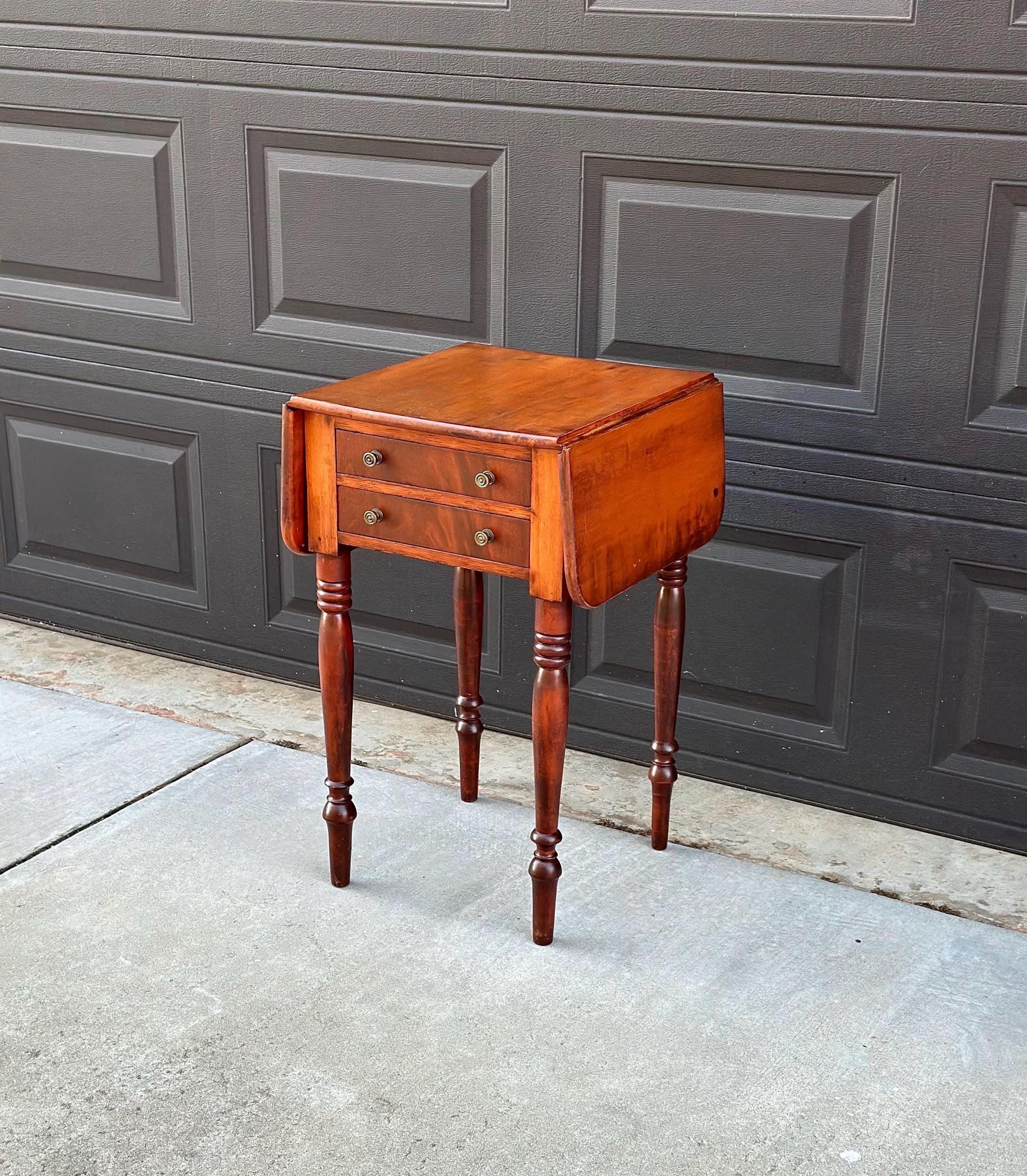 Antique Early 1900's Solid Mahogany Wood Turned Leg English Two Drawer Drop-Leaf Pembroke Accent Table