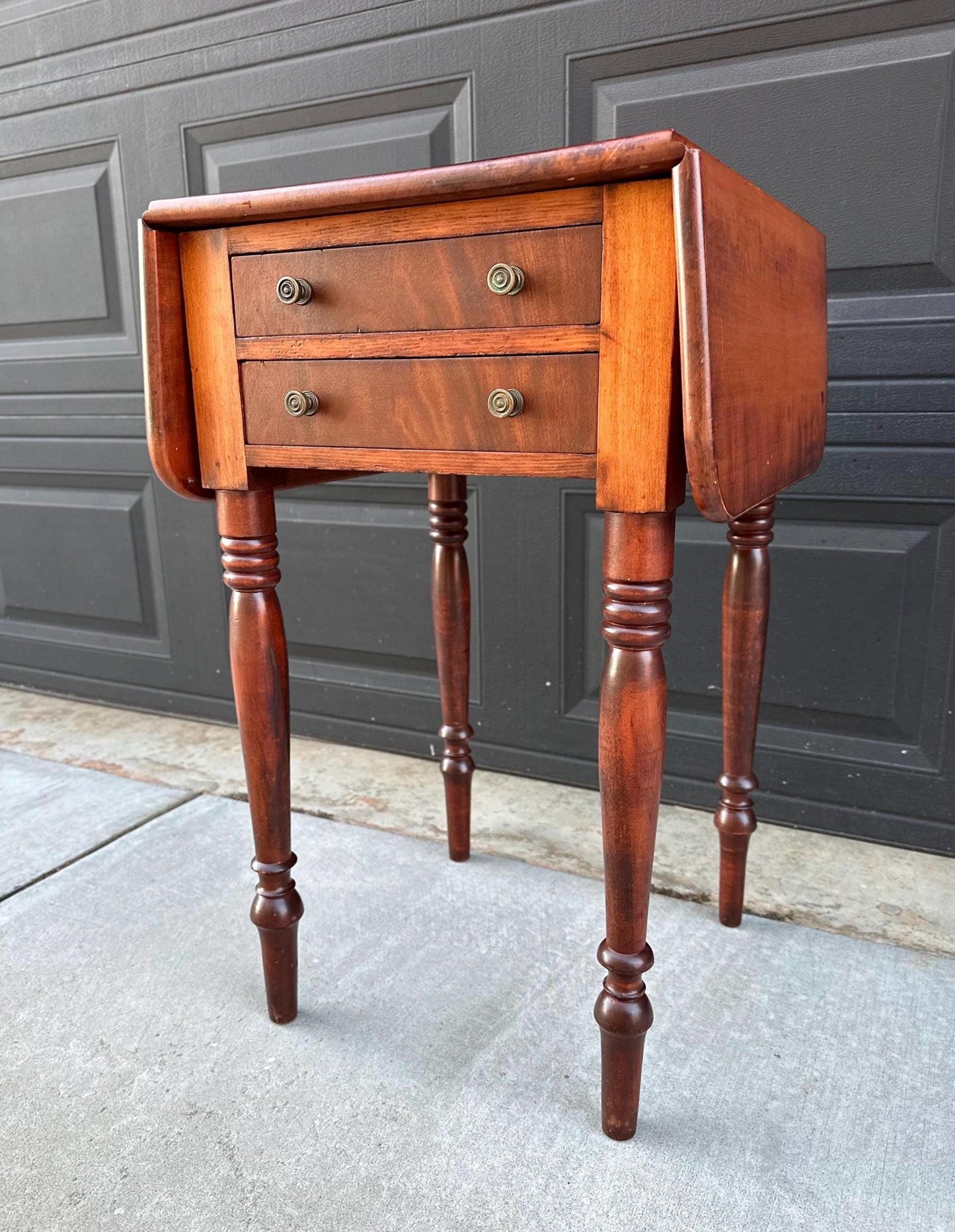 Antique Early 1900's Solid Mahogany Wood Turned Leg English Two Drawer Drop-Leaf Pembroke Accent Table