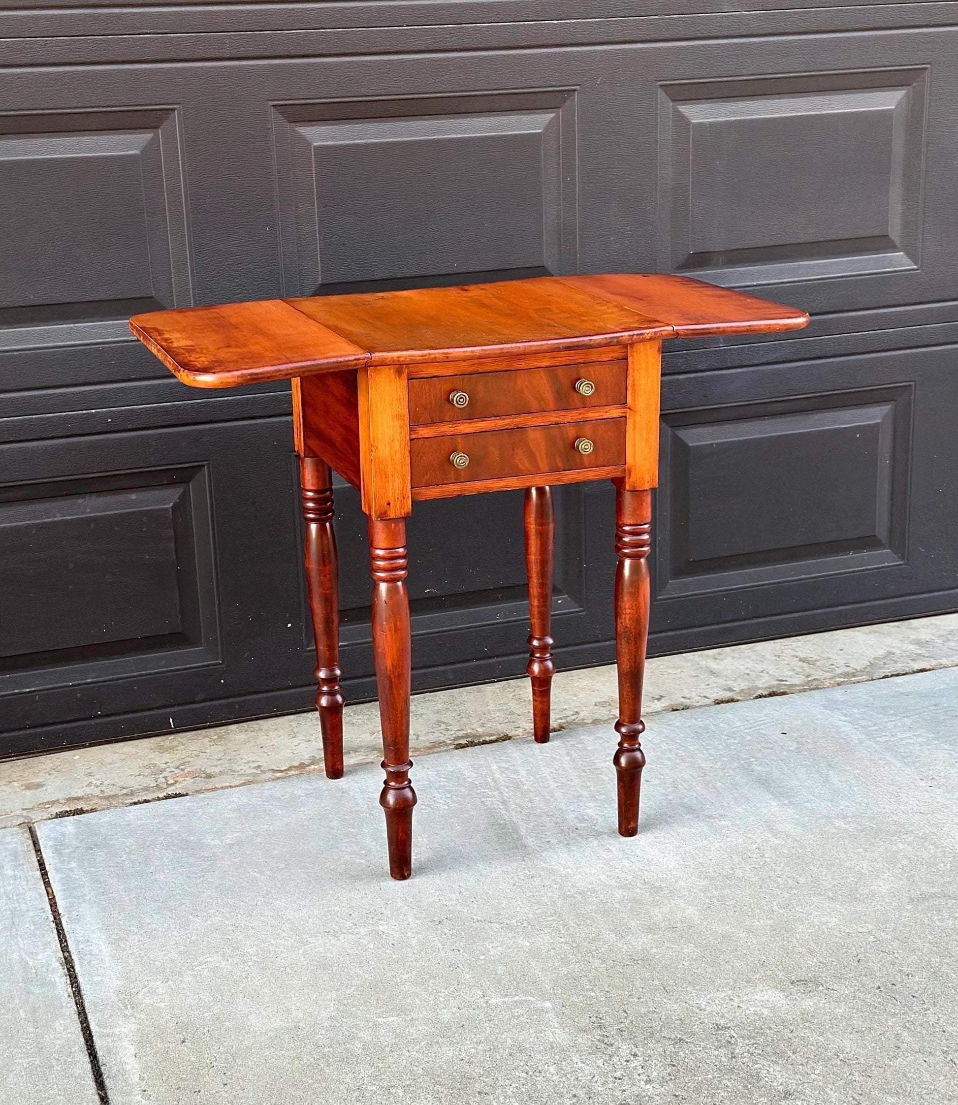 Antique Early 1900's Solid Mahogany Wood Turned Leg English Two Drawer Drop-Leaf Pembroke Accent Table