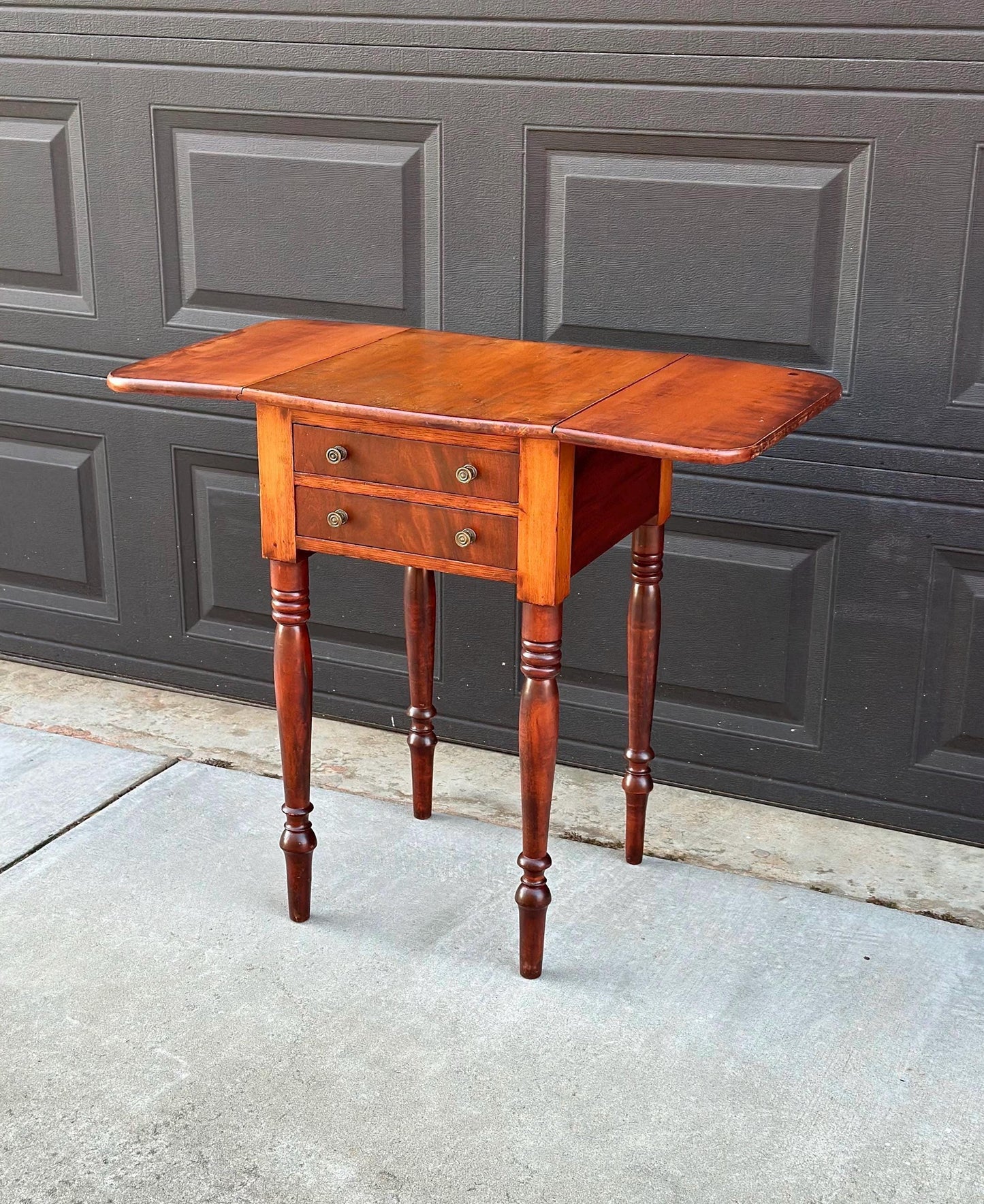 Antique Early 1900's Solid Mahogany Wood Turned Leg English Two Drawer Drop-Leaf Pembroke Accent Table