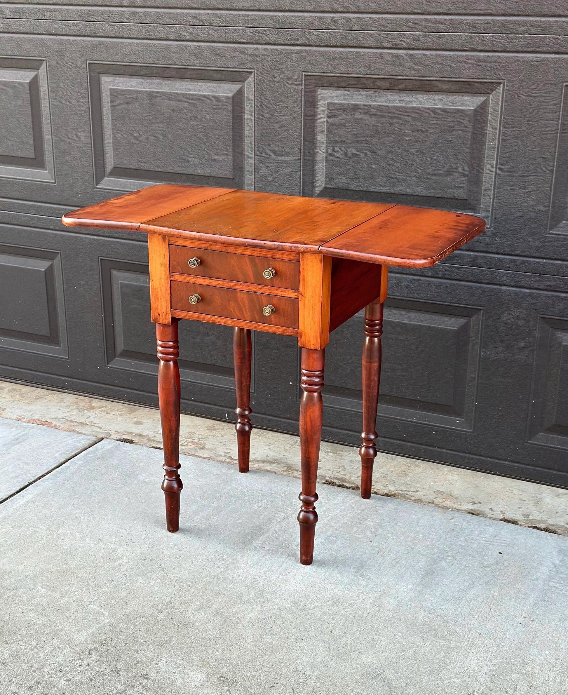 Antique Early 1900's Solid Mahogany Wood Turned Leg English Two Drawer Drop-Leaf Pembroke Accent Table
