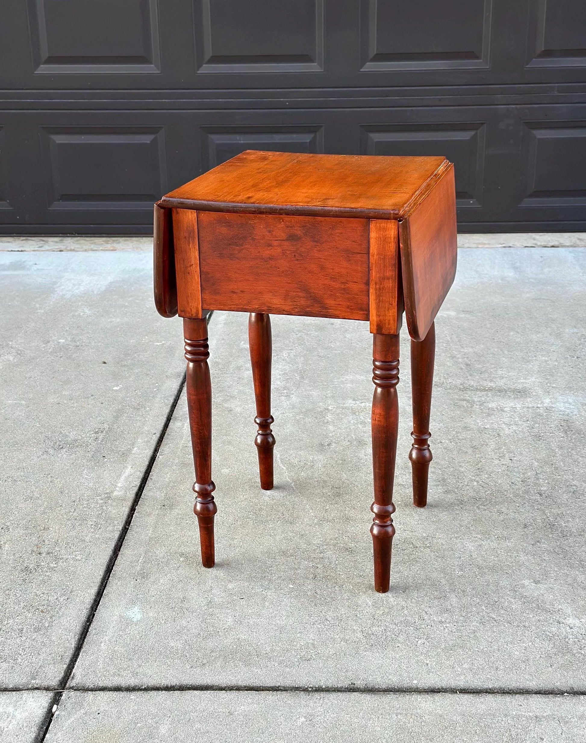 Antique Early 1900's Solid Mahogany Wood Turned Leg English Two Drawer Drop-Leaf Pembroke Accent Table