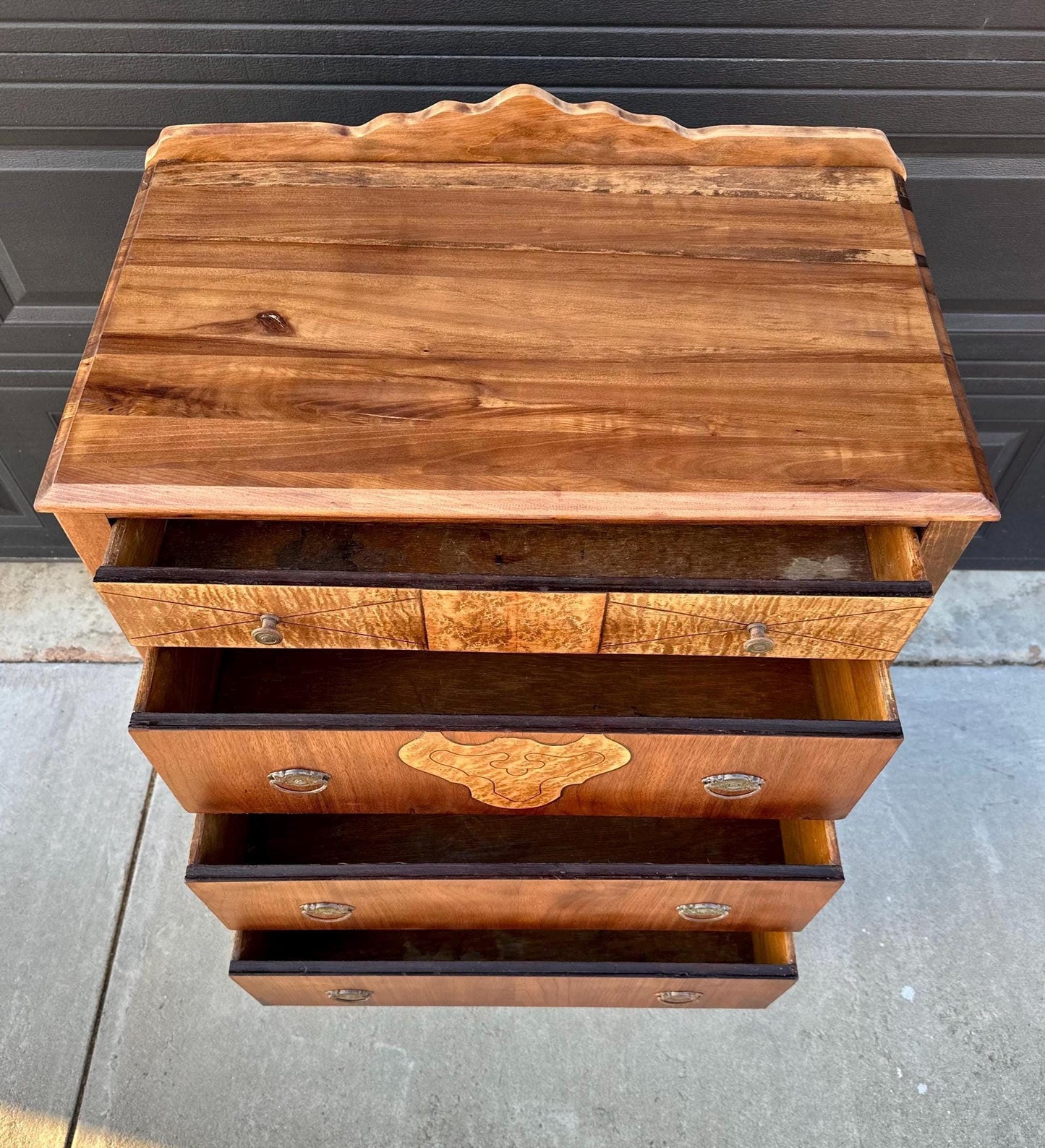 Antique Late 1800's Solid Black Cherry & Burl Maple Wood Four Drawer Tallboy Dresser on Casters