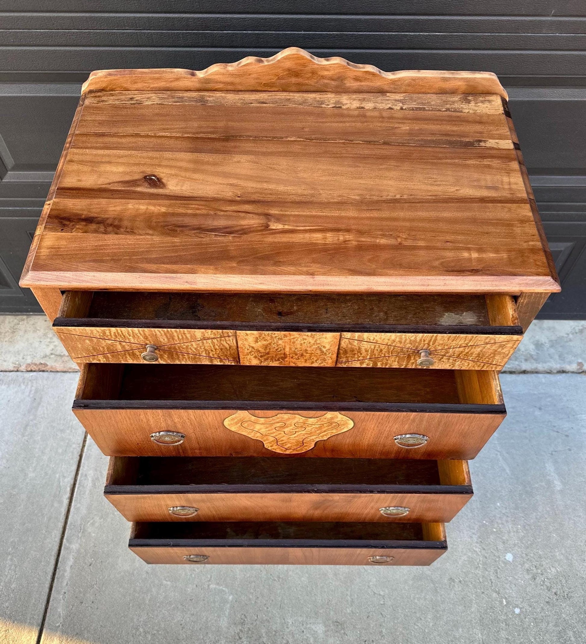 Antique Late 1800's Solid Black Cherry & Burl Maple Wood Four Drawer Tallboy Dresser on Casters