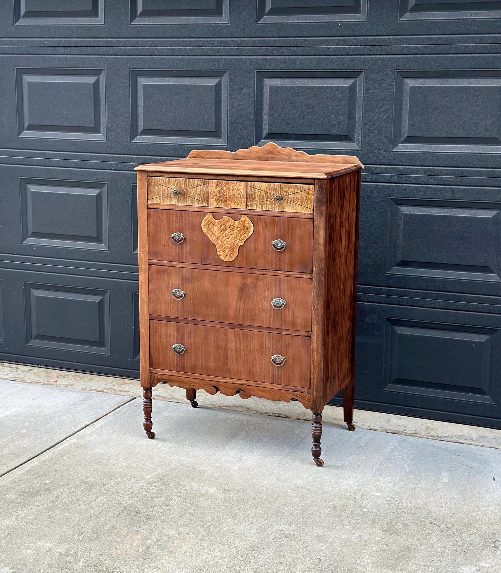 Antique Late 1800's Solid Black Cherry & Burl Maple Wood Four Drawer Tallboy Dresser on Casters