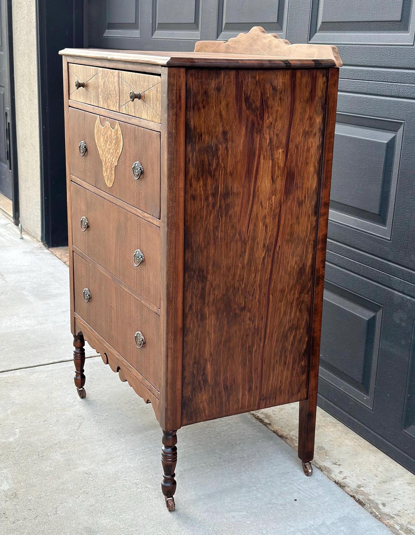 Antique Late 1800's Solid Black Cherry & Burl Maple Wood Four Drawer Tallboy Dresser on Casters