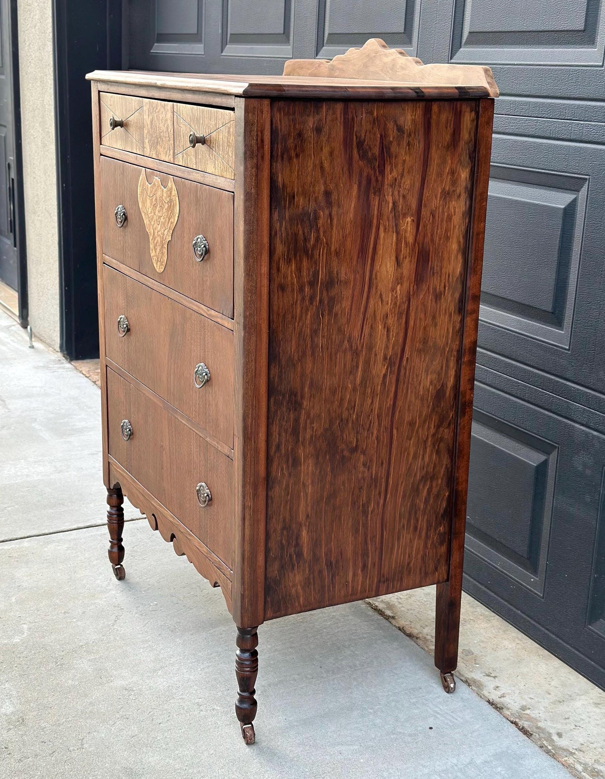 Antique Late 1800's Solid Black Cherry & Burl Maple Wood Four Drawer Tallboy Dresser on Casters