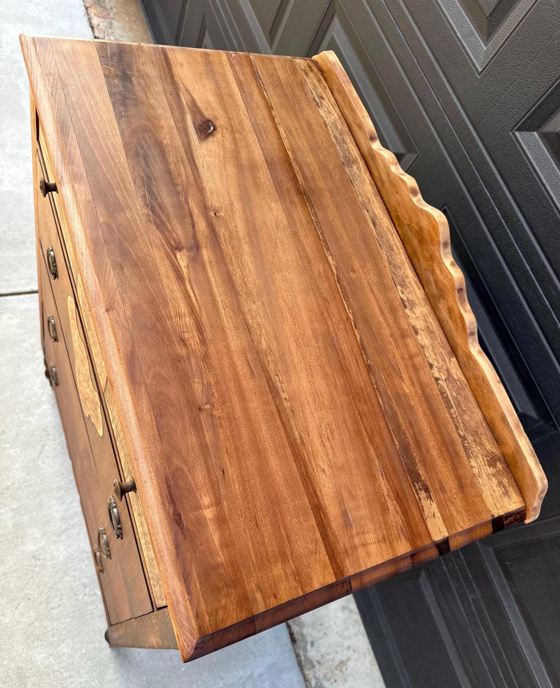 Antique Late 1800's Solid Black Cherry & Burl Maple Wood Four Drawer Tallboy Dresser on Casters