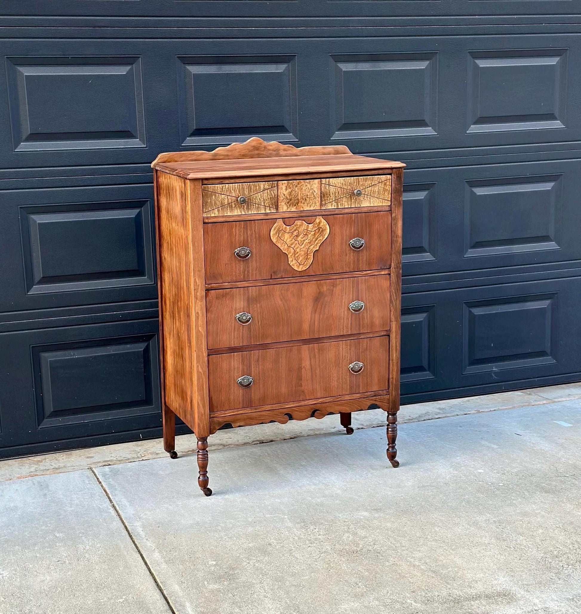Antique Late 1800's Solid Black Cherry & Burl Maple Wood Four Drawer Tallboy Dresser on Casters