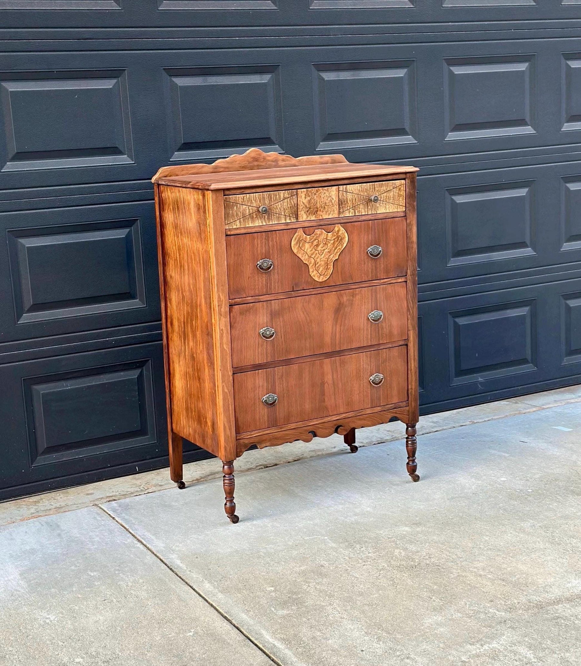 Antique Late 1800's Solid Black Cherry & Burl Maple Wood Four Drawer Tallboy Dresser on Casters