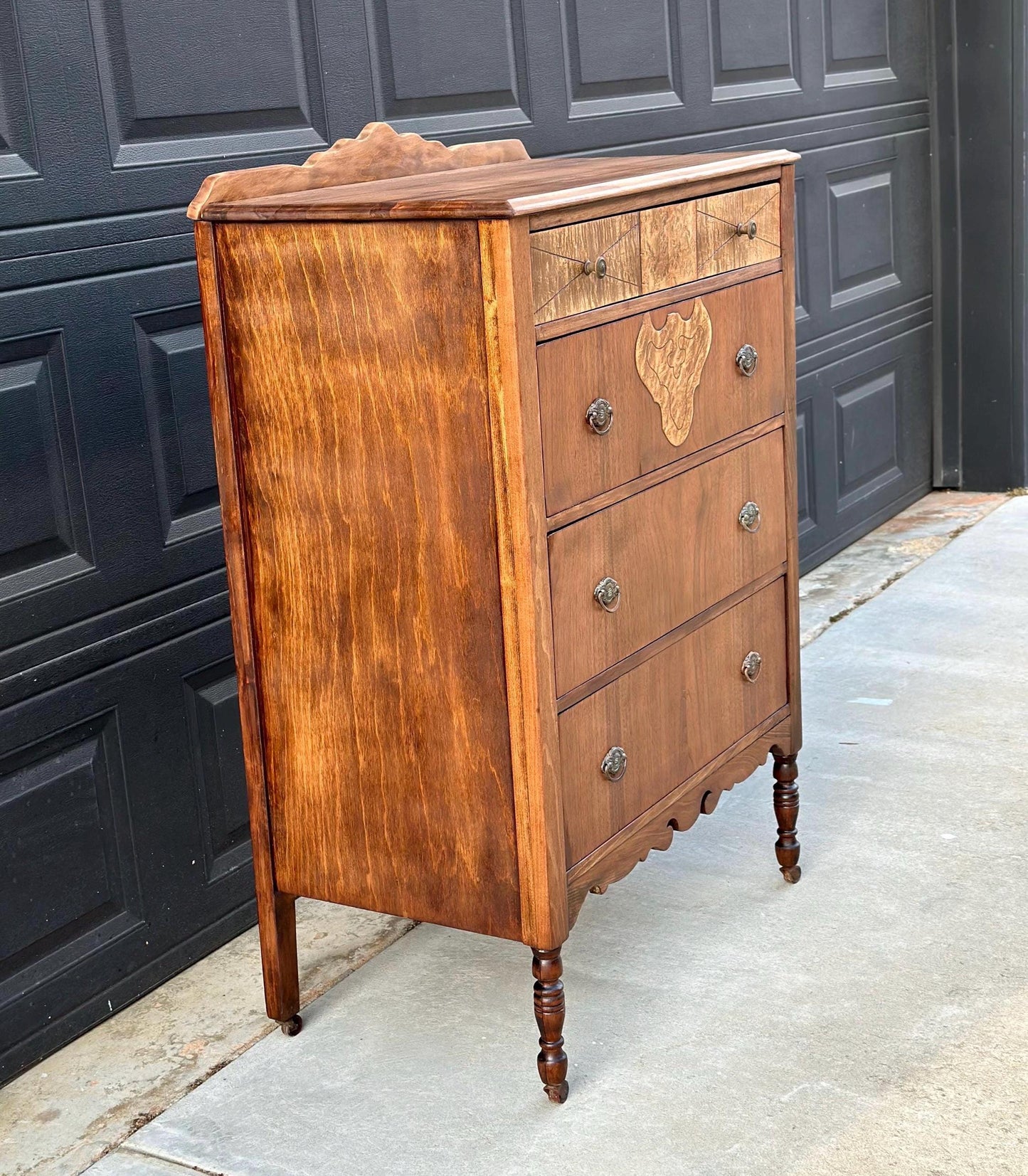 Antique Late 1800's Solid Black Cherry & Burl Maple Wood Four Drawer Tallboy Dresser on Casters