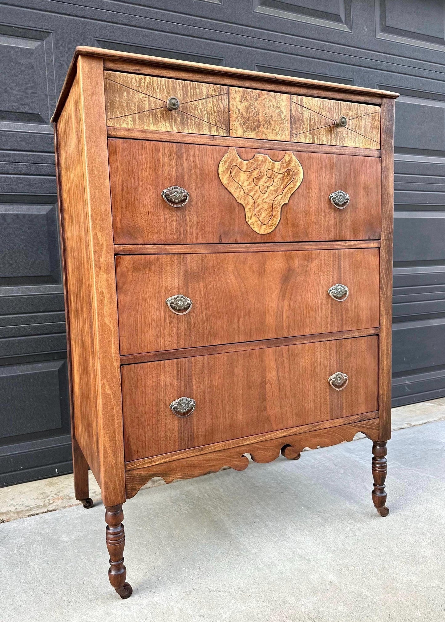 Antique Late 1800's Solid Black Cherry & Burl Maple Wood Four Drawer Tallboy Dresser on Casters