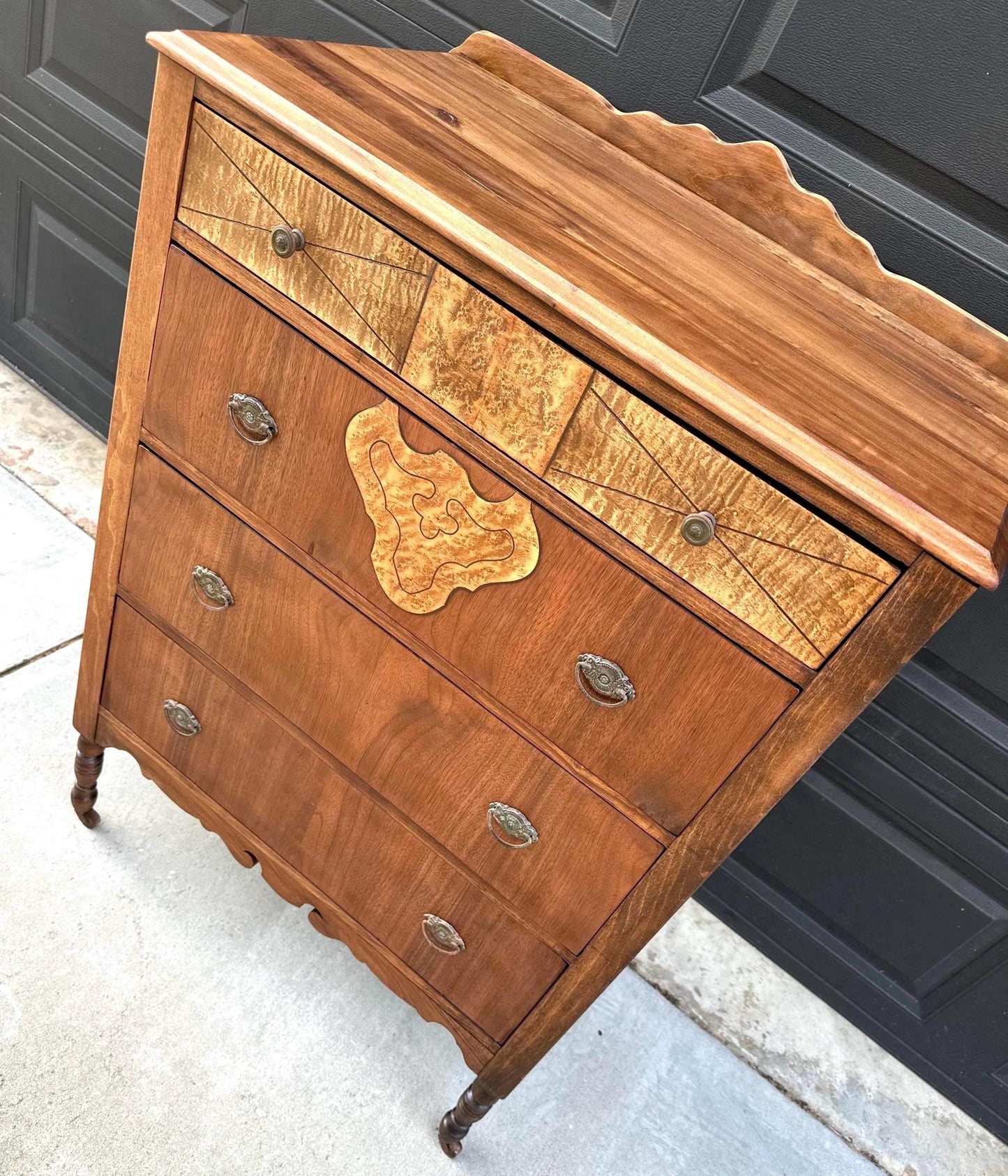 Antique Late 1800's Solid Black Cherry & Burl Maple Wood Four Drawer Tallboy Dresser on Casters