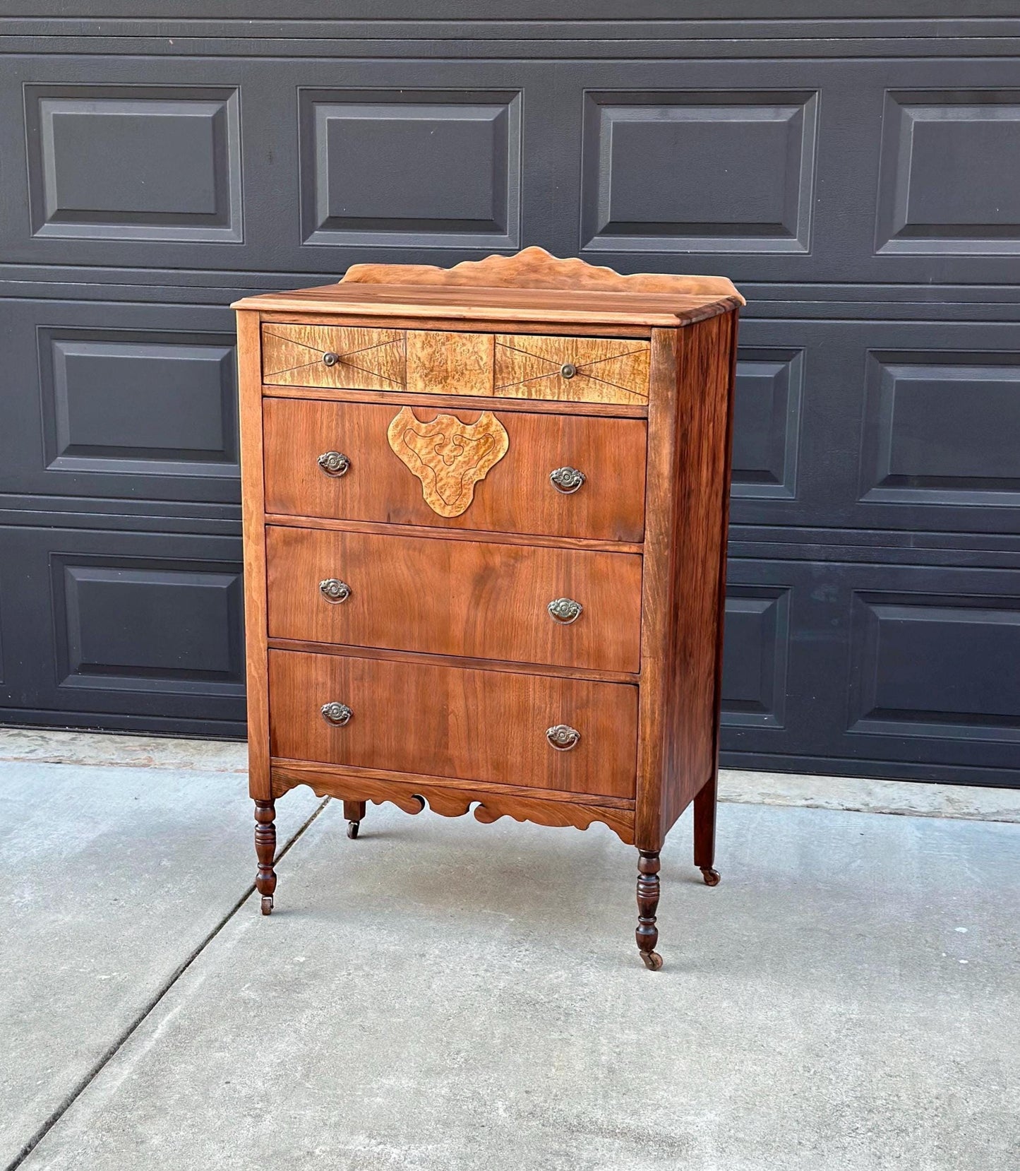 Antique Late 1800's Solid Black Cherry & Burl Maple Wood Four Drawer Tallboy Dresser on Casters