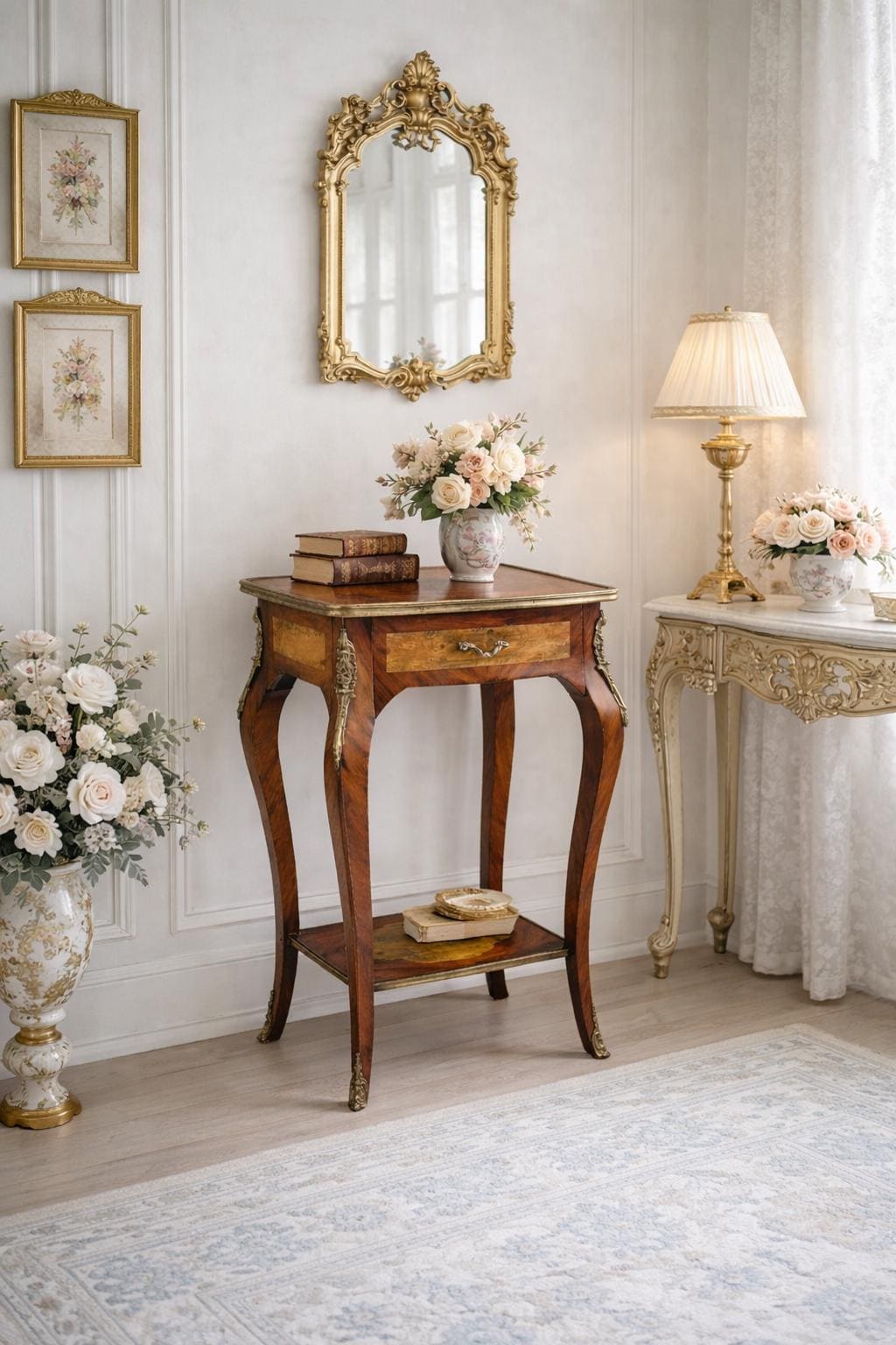 Antique Early 1900's French Inlaid Wood Burl Maple & Mahogany Single Drawer Brass Accent Table