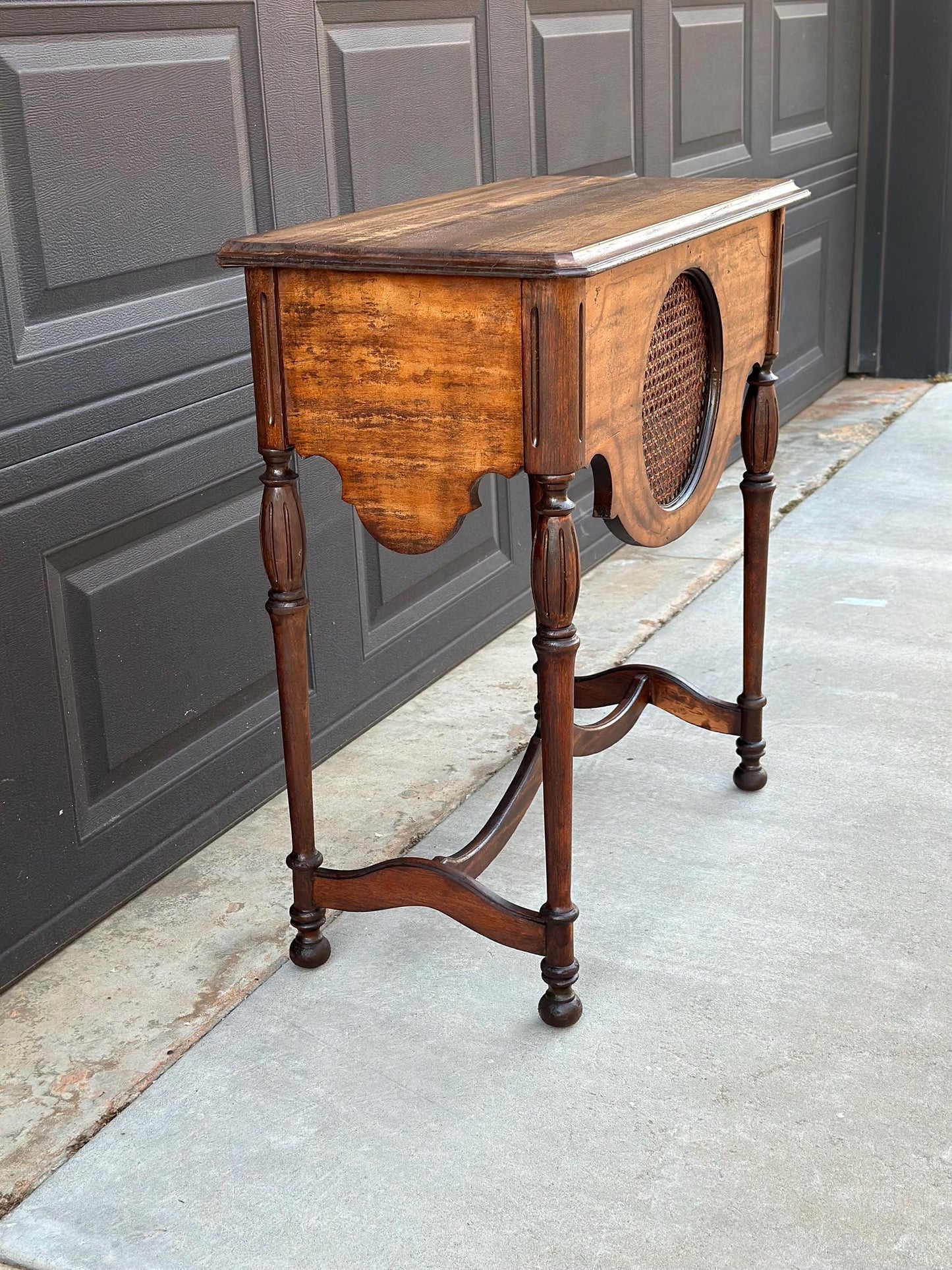 Antique Early 1900's Solid Wood Walnut & Cane Medallion English Hall Entry Table